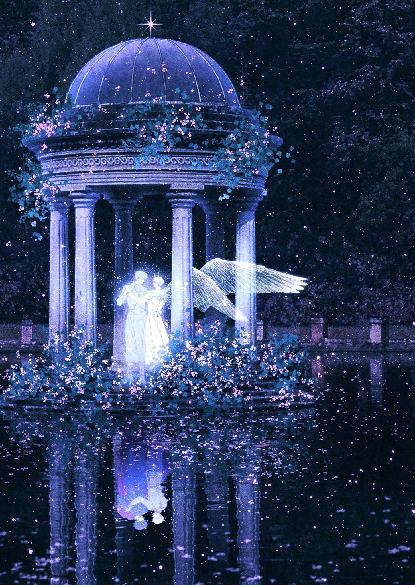 bellta (kimbellta), kim dokja, yoo joonghyuk, omniscient reader's viewpoint, commentary request, highres, korean commentary, 2boys, bush, coat, column, dancing, demon horns, feathered wings, flower, forest, full body, gazebo, glowing, hand on another's waist, holding hands, horns, lake, male focus, multiple boys, nature, official alternate costume, open clothes, open coat, overgrown, pillar, railing, reflection, reflective liquid, short hair, tree, white coat, white wings, wings