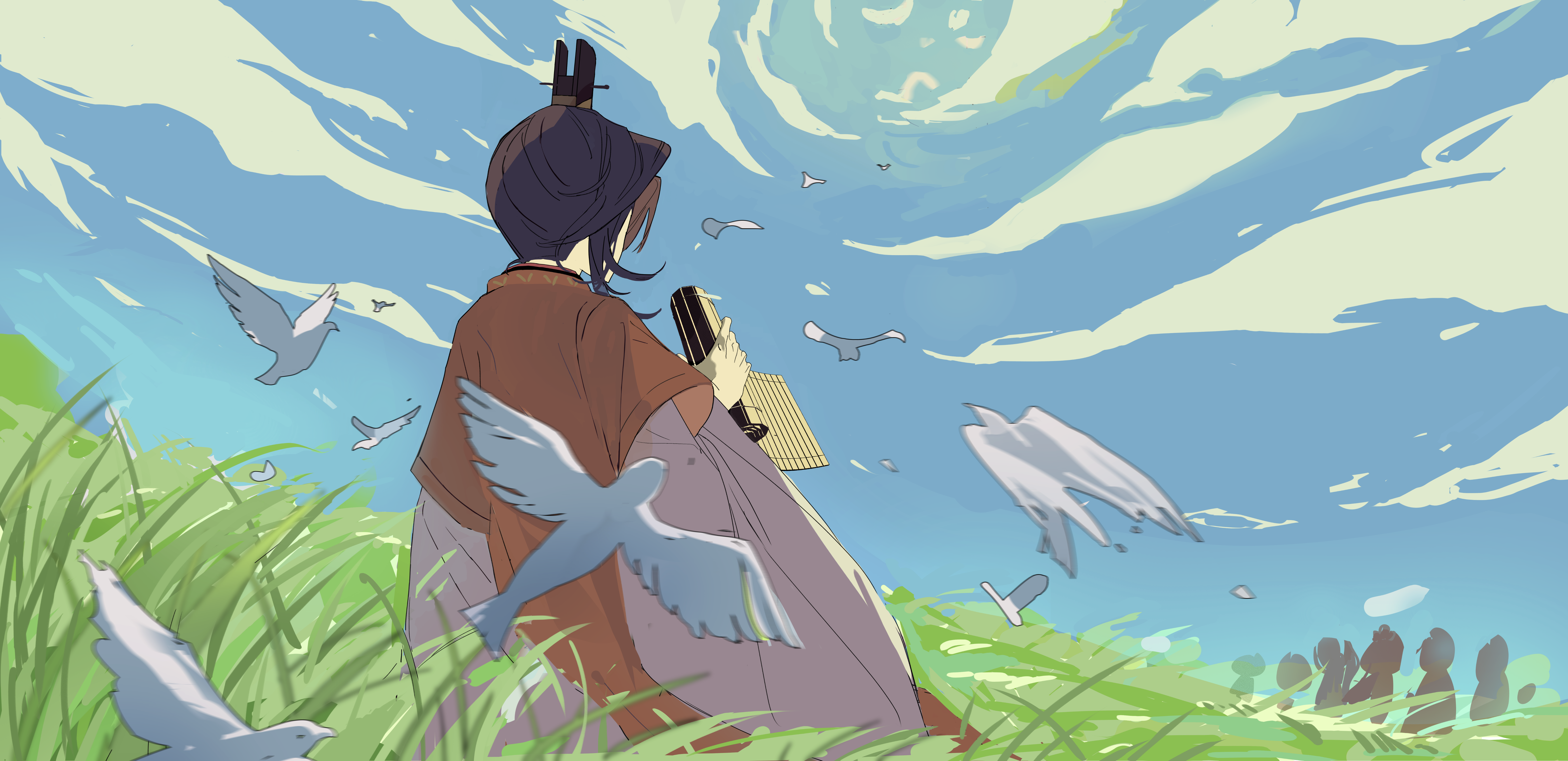 kuailemaoamaomao^o^, guanglingwang, code: kite, absurdres, chinese commentary, commentary request, highres, 1girl, bird, brown hair, chinese clothes, cloud, cloudy sky, day, dove, from behind, grass, hair ornament, hanfu, holding, holding scroll, long sleeves, outdoors, people, red hanfu, scroll, short hair, sky, solo focus, standing, white bird, wide sleeves