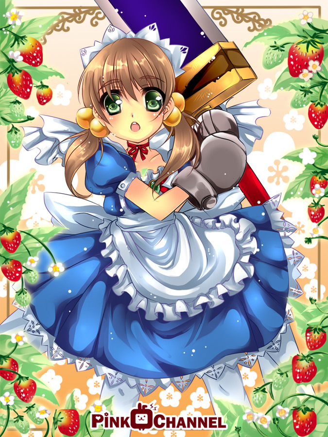 fiona mayfield, aq interactive, arcana heart, atlus, examu, 1girl, armor, armored dress, brown hair, dress, female focus, food, fruit, gloves, maid, solo, strawberry, sword, weapon