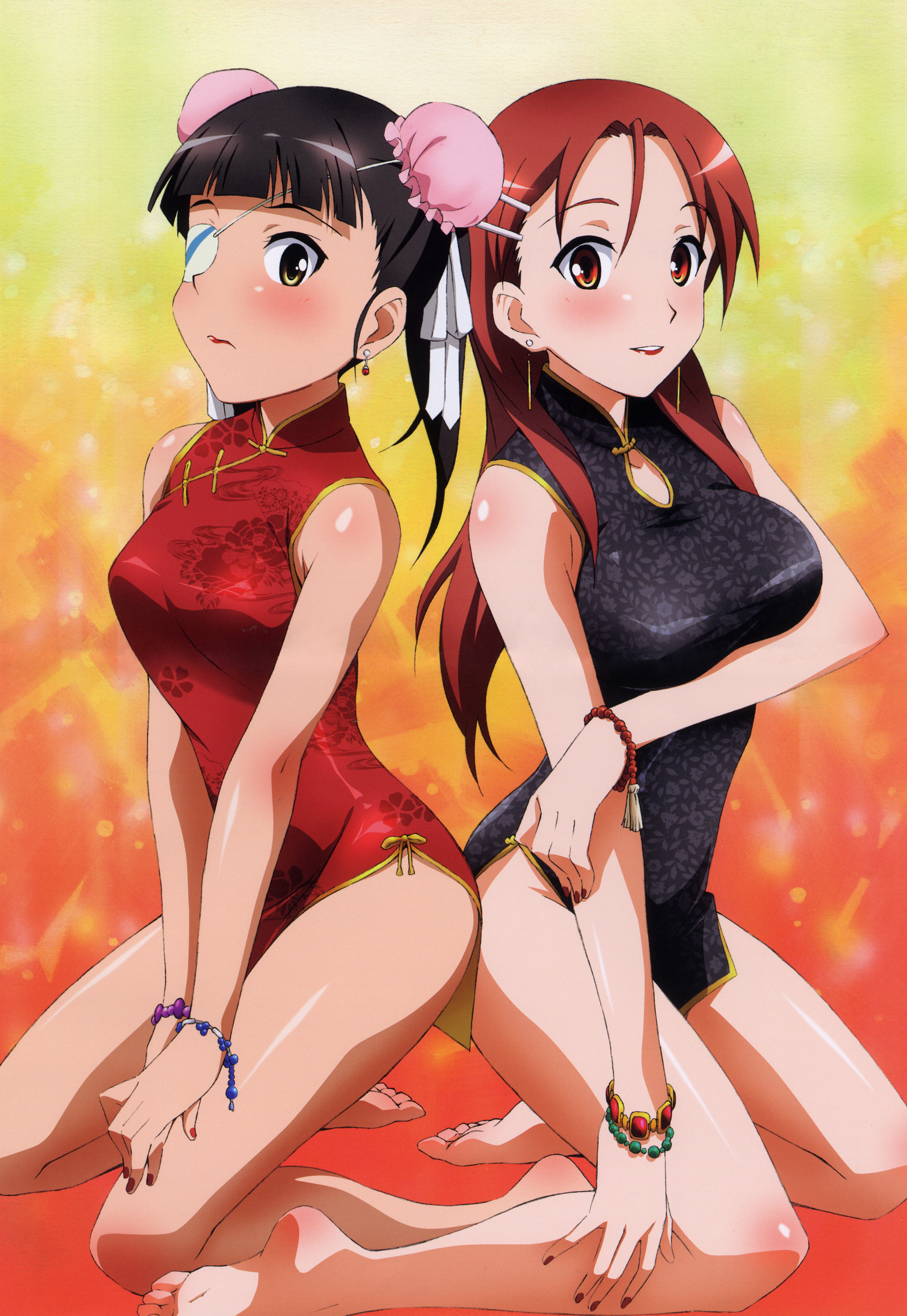 onoda masahito, minna-dietlinde wilcke, sakamoto mio, strike witches, world witches series, absurdres, highres, non-web source, official art, 00s, 2girls, back-to-back, barefoot, blush, bracelet, breasts, brown hair, bun cover, china dress, chinese clothes, double bun, dress, earrings, eyepatch, feet, hair bun, jewelry, kneeling, large breasts, lipstick, long hair, makeup, multiple girls, nail polish, no panties, red eyes, red nails, soles, yellow eyes