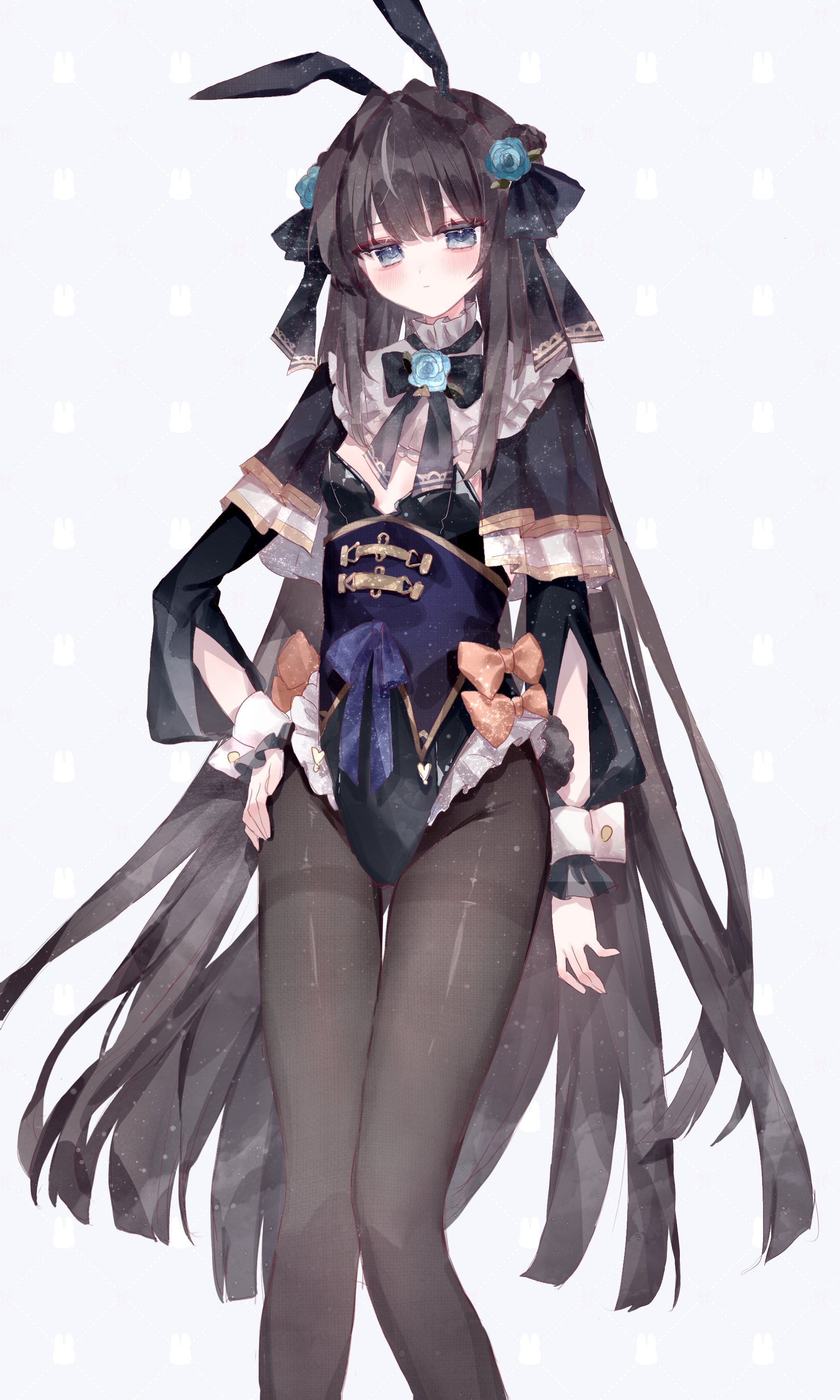 tairitsu (arcaea), arcaea, absurdres, commentary request, highres, 1girl, animal ears, black bow, black bowtie, black hair, black jacket, black leotard, black pantyhose, blue eyes, bow, bowtie, cropped jacket, expressionless, fake animal ears, hair ornament, hand on own hip, jacket, leotard, long hair, looking at viewer, nontraditional playboy bunny, pantyhose, parted bangs, playboy bunny, rabbit ears, sasaina koto, solo, thighband pantyhose, very long hair, white wrist cuffs, wrist cuffs