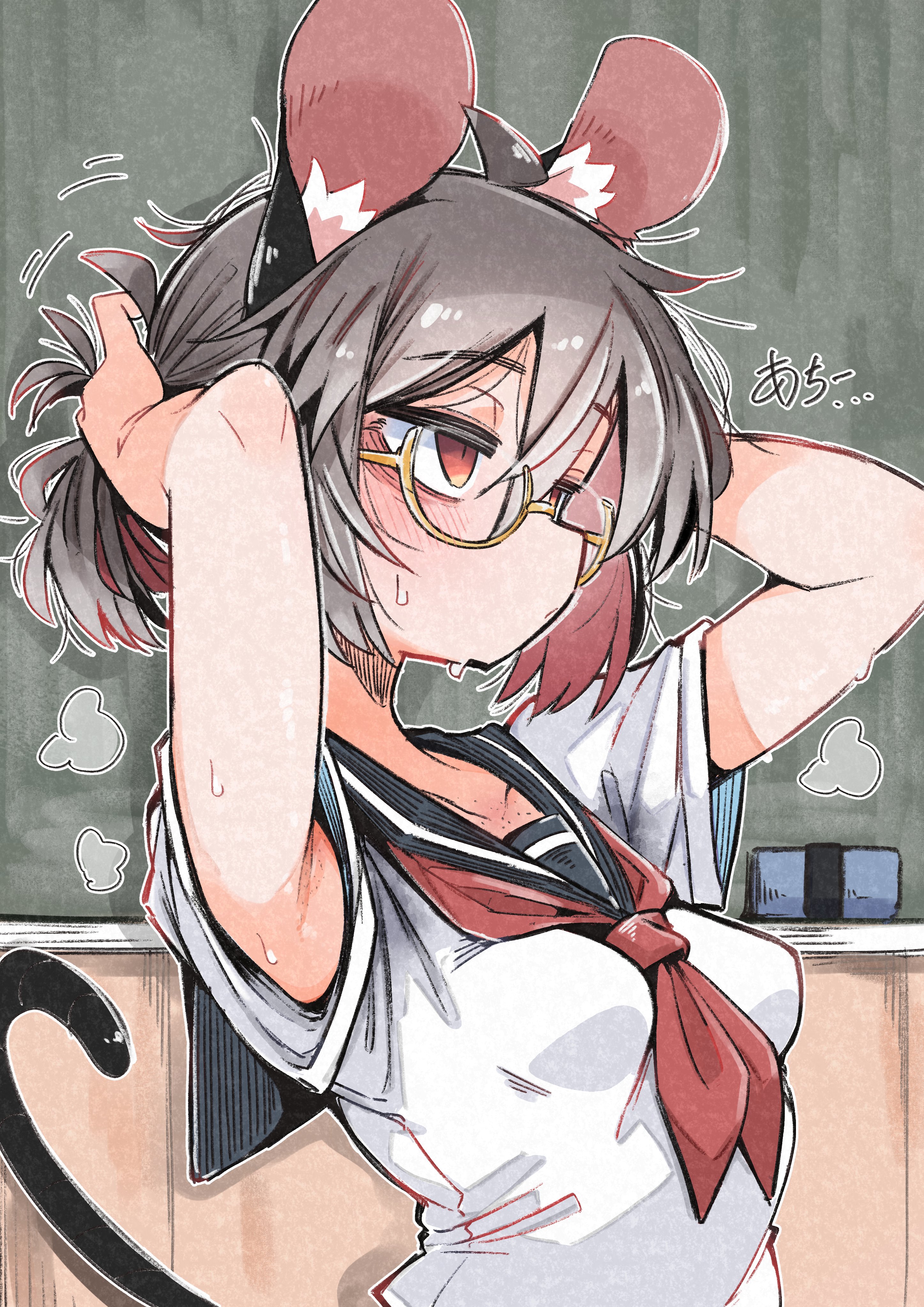 deal360acv, nazrin, touhou, absurdres, commentary request, highres, translation request, 1girl, adjusting hair, ahoge, alternate costume, animal ear fluff, animal ears, armpits, ascot, bespectacled, blue collar, board eraser, breasts, chalkboard, collar, glasses, grey hair, jitome, medium breasts, mouse ears, mouse girl, mouse tail, outline, red ascot, red eyes, sailor collar, school uniform, serafuku, shirt, short hair, short sleeves, solo, steam, sweatdrop, tail, upper body, white outline, white shirt, yellow-framed eyewear