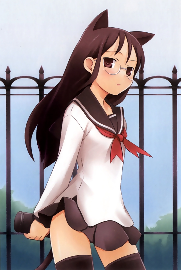nanakusa, animal ears, black hair, cat ears, cat tail, glasses, school uniform, solo, tail, thighhighs, zettai ryouiki