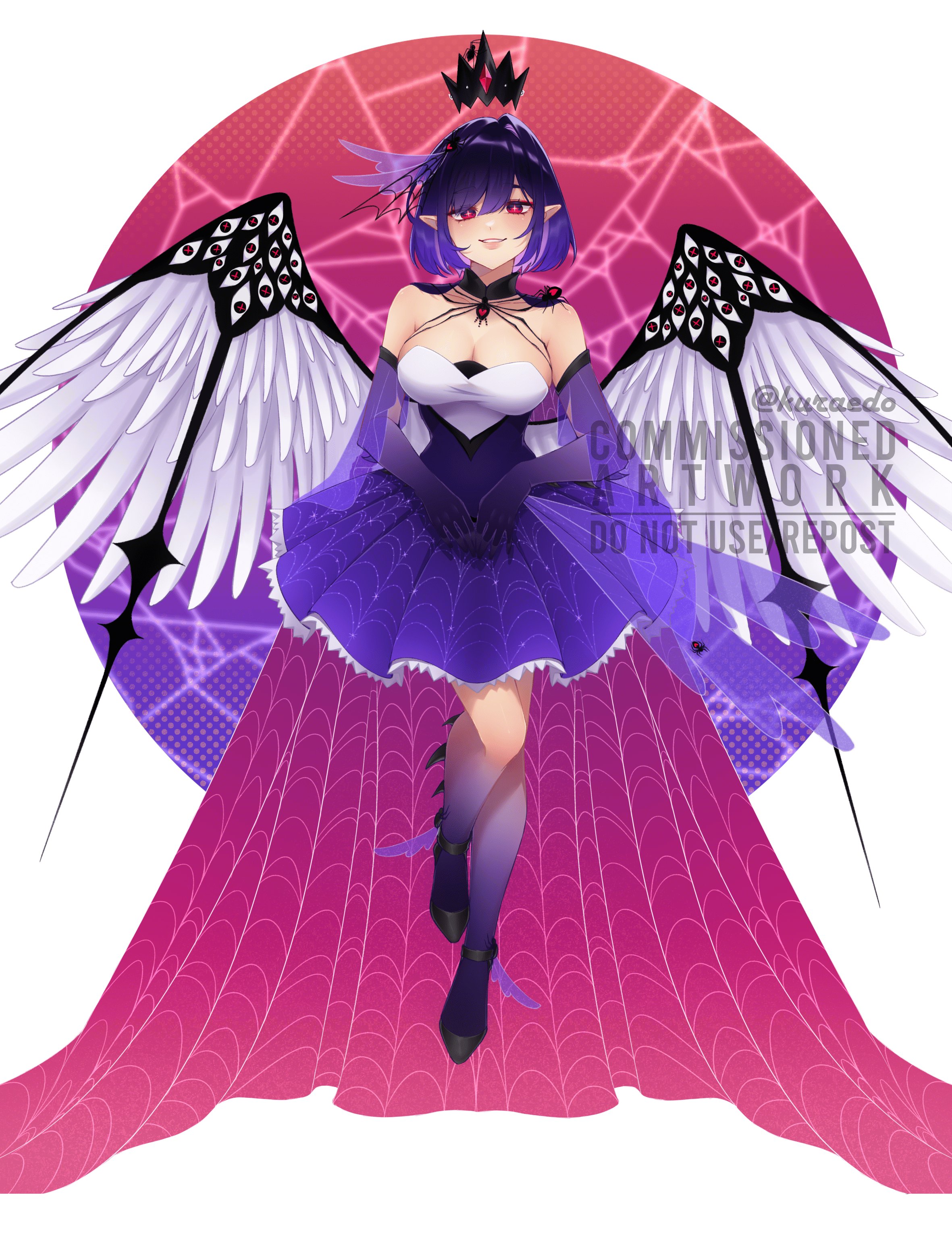 kuraedo, indie virtual youtuber, absurdres, commentary, commission, english commentary, highres, vgen commission, 1girl, animal, black shoes, breasts, bug, cleavage, colored extremities, crown, detached collar, dress, extra eyes, eyes on wings, feathered wings, floating, floating crown, full body, large breasts, looking at viewer, parted lips, pointy ears, purple dress, purple hair, red eyes, shoes, short hair, smile, solo, spider, spidershii (vtuber), strappy heels, swept bangs, virtual youtuber, wings