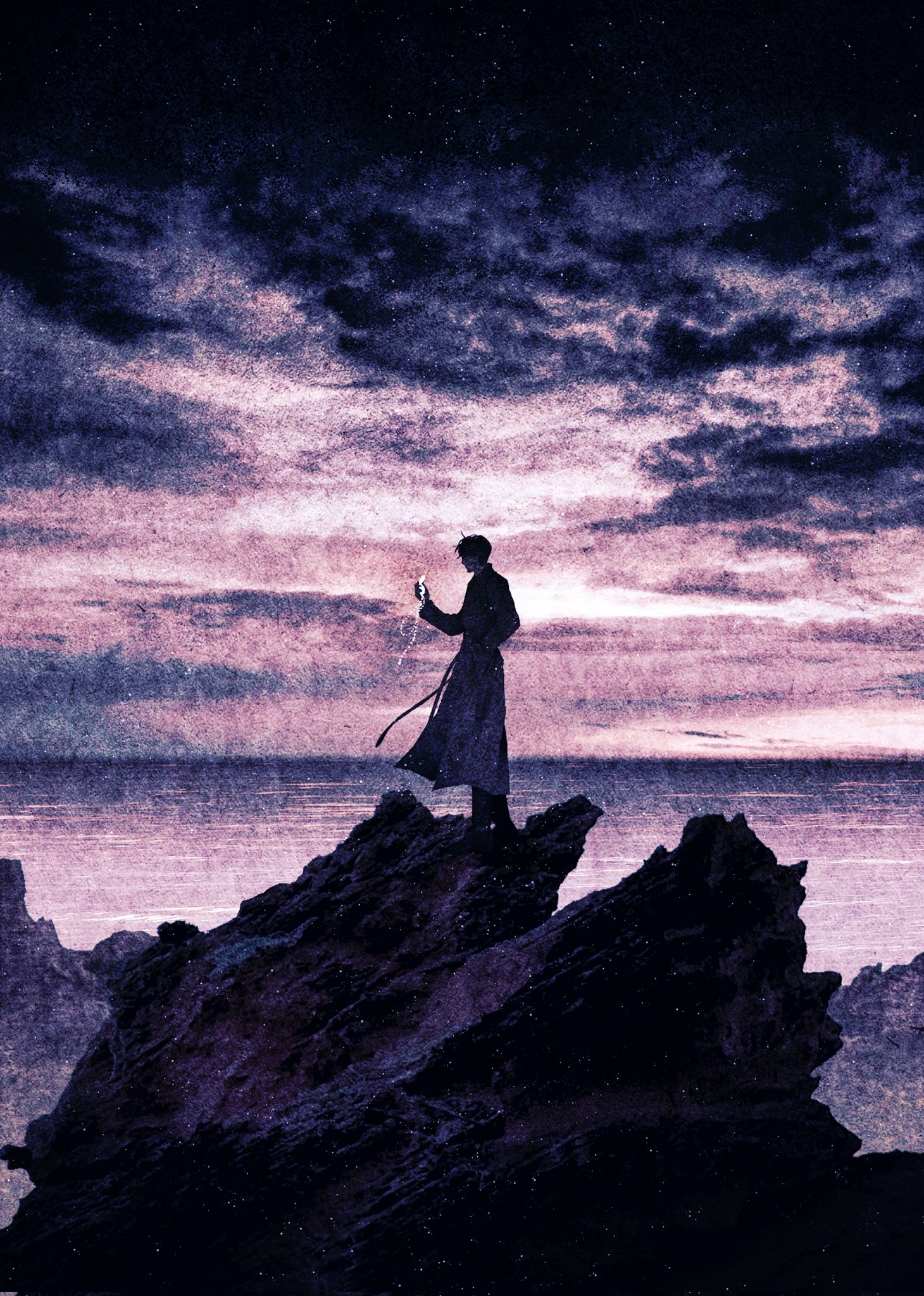 bellta (kimbellta), kim dokja, omniscient reader's viewpoint, commentary request, highres, korean commentary, 1boy, arm behind back, beach, cloud, cloudy sky, field, from behind, full body, holding, holding pocket watch, horizon, male focus, night, pocket watch, rock, silhouette, sky, solo, standing, star (sky), starry sky, sunset, watch, wind, wind lift