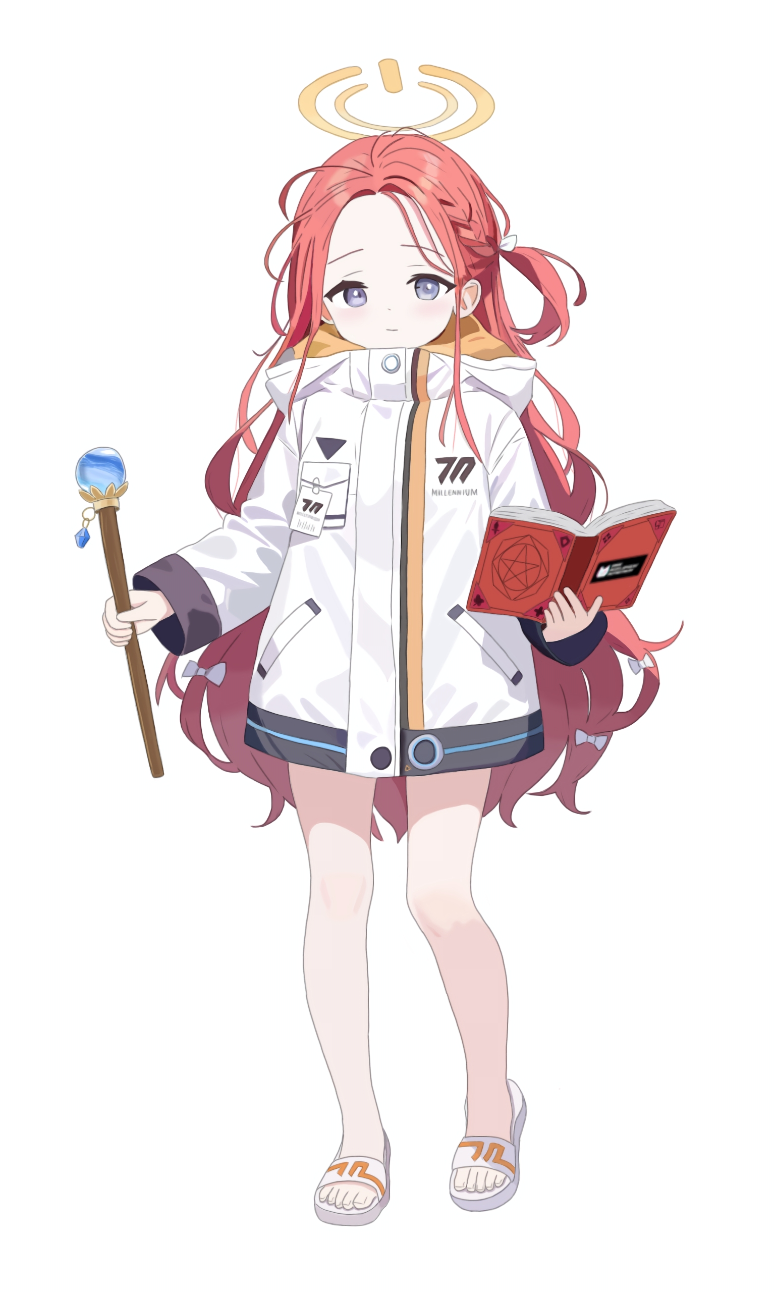 knight1208, yuzu (blue archive), blue archive, absurdres, commentary, highres, 1girl, blue eyes, blush, book, braid, closed mouth, forehead, full body, halo, holding, holding book, holding staff, jacket, long hair, long sleeves, looking at viewer, millennium science school logo, orange halo, red hair, sandals, simple background, slides, smile, solo, staff, standing, very long hair, white background