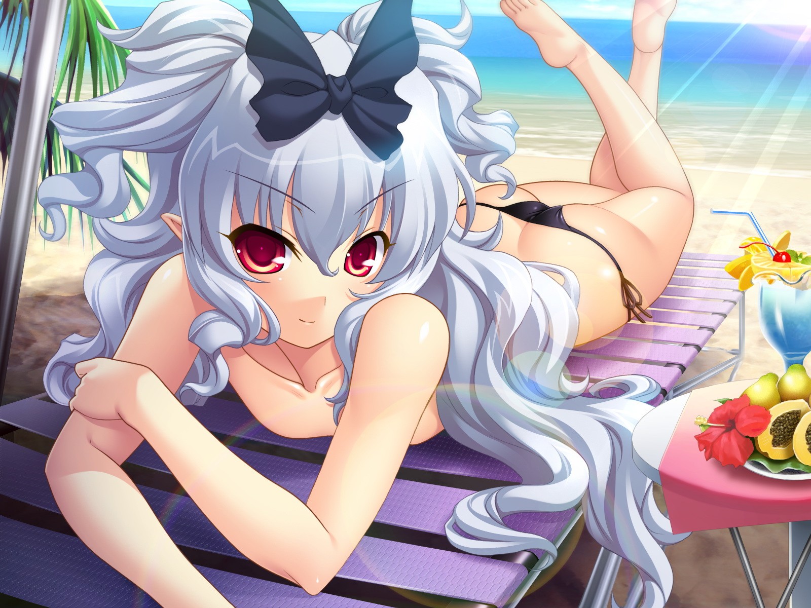 ozawa akifumi, rena grimoire, shikotama slave, silver hair, highres, 1girl, ass, barefoot, beach, bikini, black bow, bow, chair, cup, day, drink, drinking glass, drinking straw, feet, female focus, flat chest, flower, food, fruit, hair bow, hair ribbon, hibiscus, legs up, lemon, lens flare, long hair, looking at viewer, lounge chair, lying, on stomach, outdoors, pear, pointy ears, red eyes, ribbon, short twintails, side-tie bikini bottom, smile, soles, solo, swimsuit, table, the pose, thong bikini, topfreedom, topless female, tropical drink, tsurime, twintails, two side up, very long hair, water, wavy hair