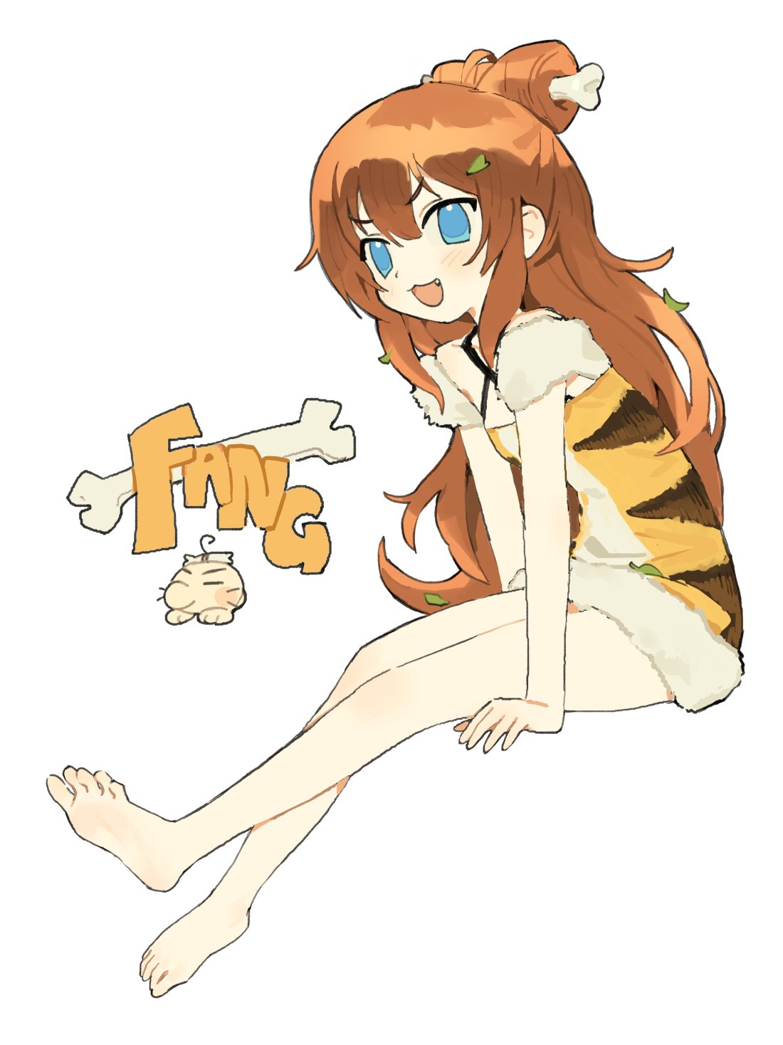 mota (motaberrie), fang guu, 3am, highres, :3, :d, animal print, bare legs, barefoot, blue eyes, bone hair ornament, english text, fang, fur armlet, hair ornament, leaf in hair, long hair, open mouth, orange hair, sitting, smile, solo, tiger print, white background
