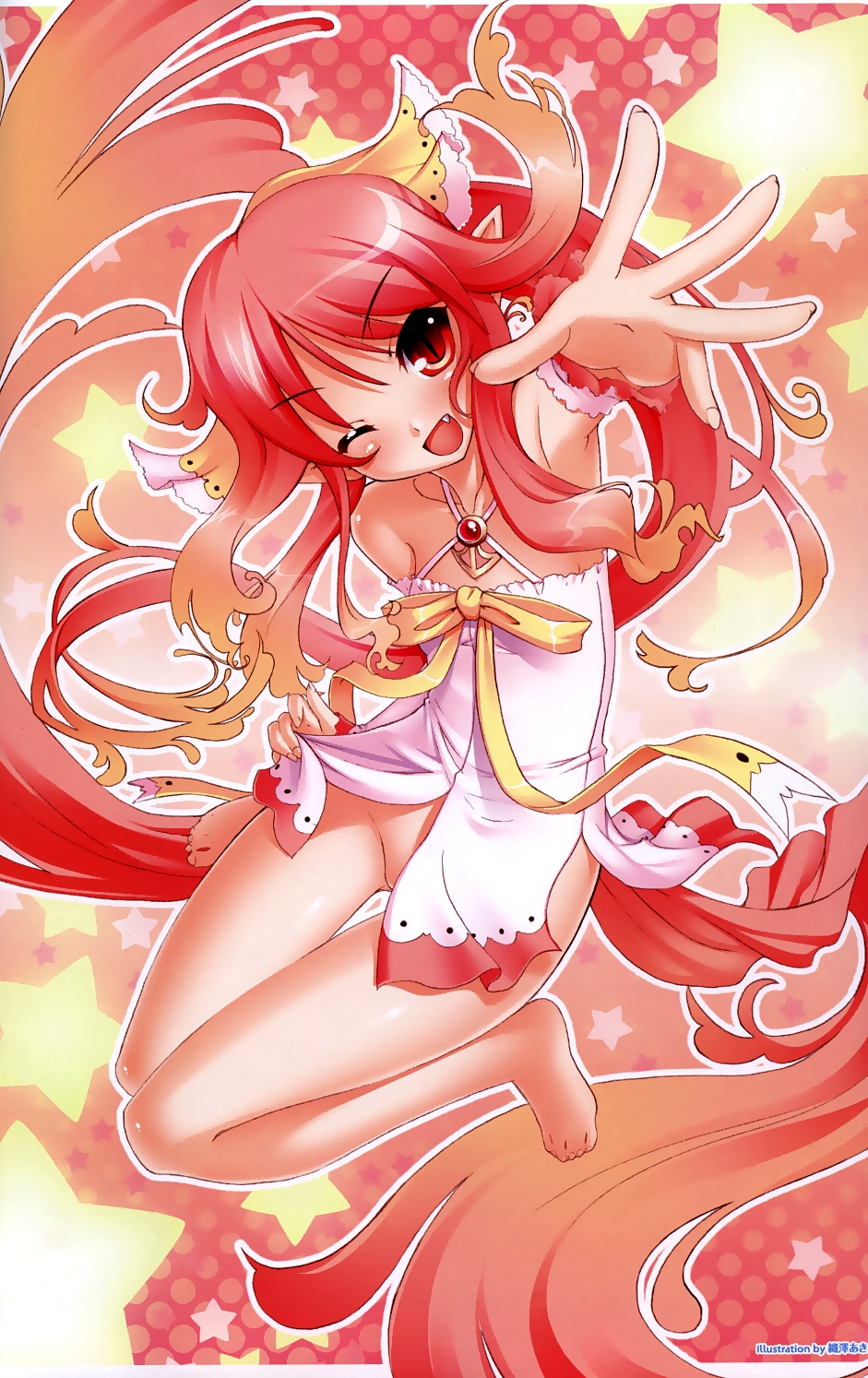 ozawa akifumi, garnet (shukufuku no campanella), shukufuku no campanella, highres, 1girl, armpits, barefoot, bottomless, bow, detached sleeves, fang, female focus, flat chest, foreshortening, jewelry, long hair, no panties, one eye closed, open mouth, outstretched hand, pendant, pointy ears, red eyes, red hair, ribbon, slit pupils, smile, solo, very long hair, wink