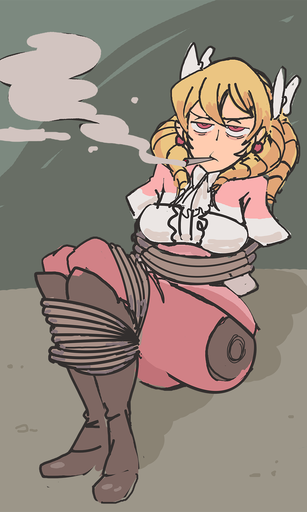 davewaterfalls, maribelle (fire emblem), fire emblem, fire emblem awakening, nintendo, bags under eyes, blonde hair, bound, bound arms, bound legs, bow, cigarette, drill hair, earrings, hair bow, jewelry, looking at viewer, on ground, red eyes, smoking, tied up (nonsexual)