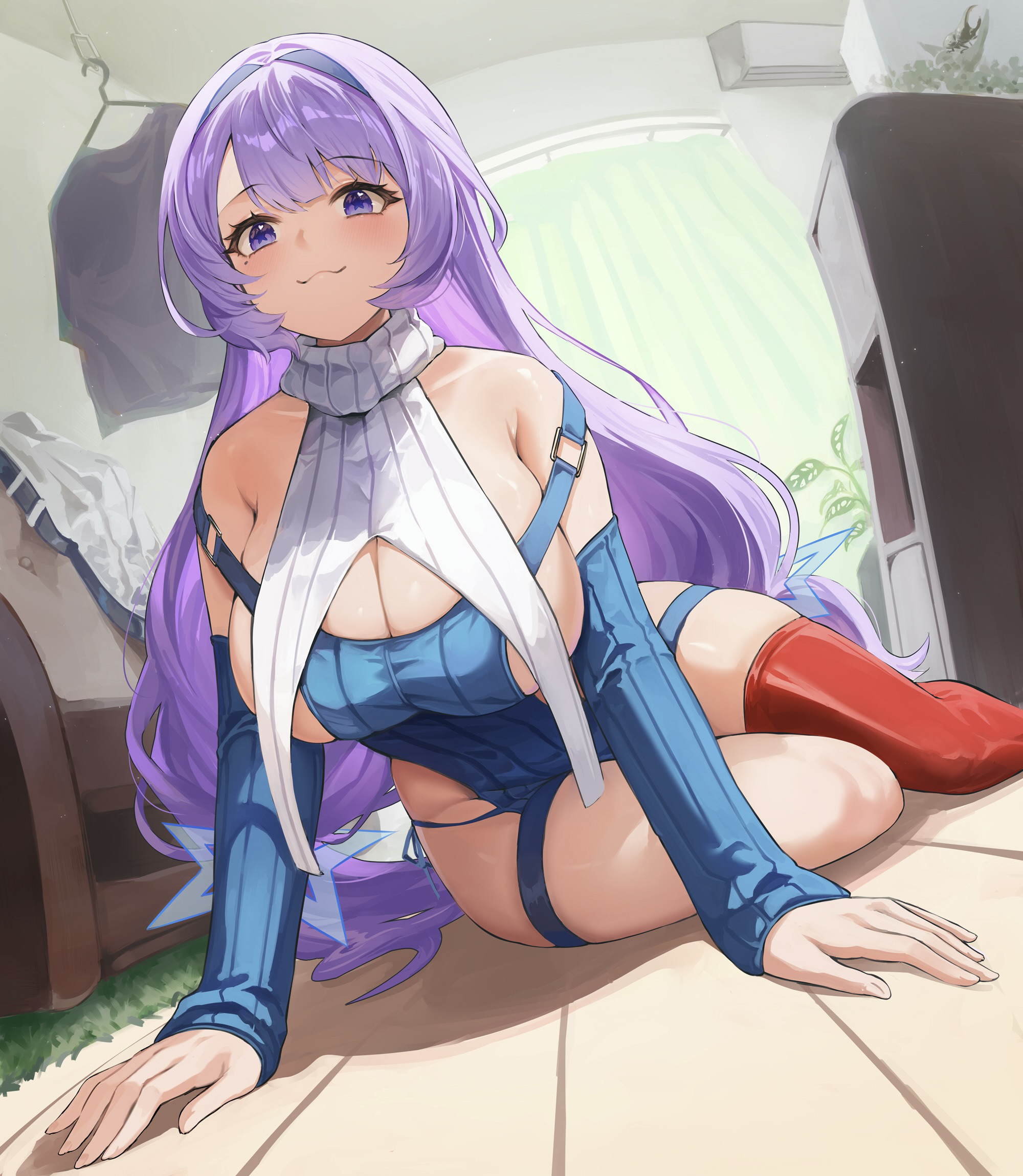 endou touya, santa fe (azur lane), azur lane, commentary request, highres, 1girl, :3, blue sleeves, blush, breasts, cleavage, detached sleeves, huge breasts, long hair, looking at viewer, mole, mole under eye, purple eyes, purple hair, red thighhighs, ribbed sleeves, single thighhigh, solo, star-shaped pupils, star (symbol), symbol-shaped pupils, thighhighs, very long hair