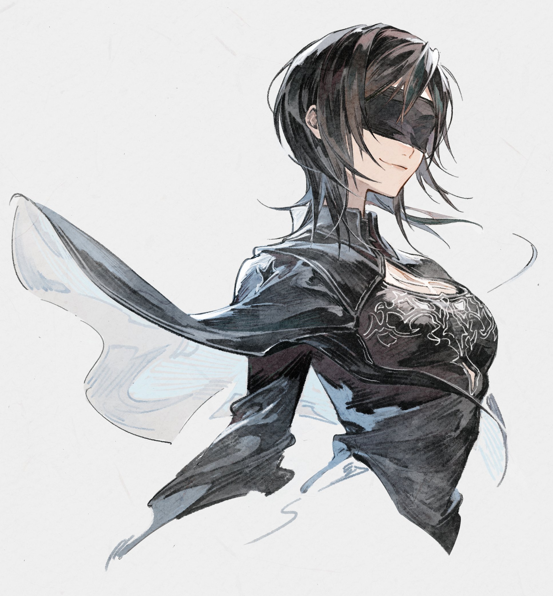 crow0cc, 10h (nier reincarnation), yuffie kisaragi, final fantasy, final fantasy vii, final fantasy vii: ever crisis, nier (series), nier reincarnation, highres, 10h (nier reincarnation) (cosplay), 1girl, black cape, black dress, black hair, blindfold, breasts, cape, cleavage cutout, closed mouth, clothing cutout, cosplay, cropped torso, dress, grey background, long sleeves, official alternate costume, short hair, smile, solo, two-sided capelet, upper body
