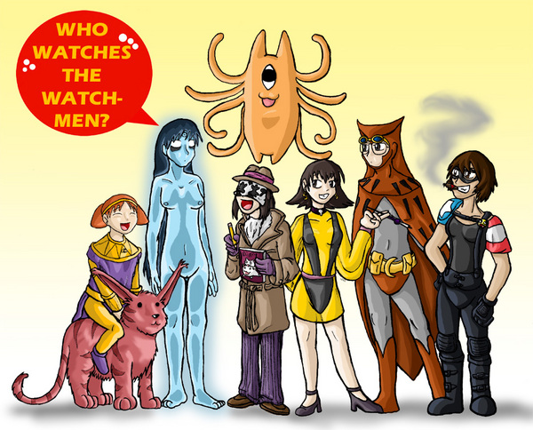 dr. manhattan, kagura, kasuga ayumu, mihama chiyo, mihama chiyo's father, mizuhara koyomi, nite owl, ozymandias, rorschach, silk spectre, tadakichi-san, takino tomo, the comedian, azumanga daiou, watchmen, sakaki, black hair, breasts, brown hair, cigar, cigarette, cosplay