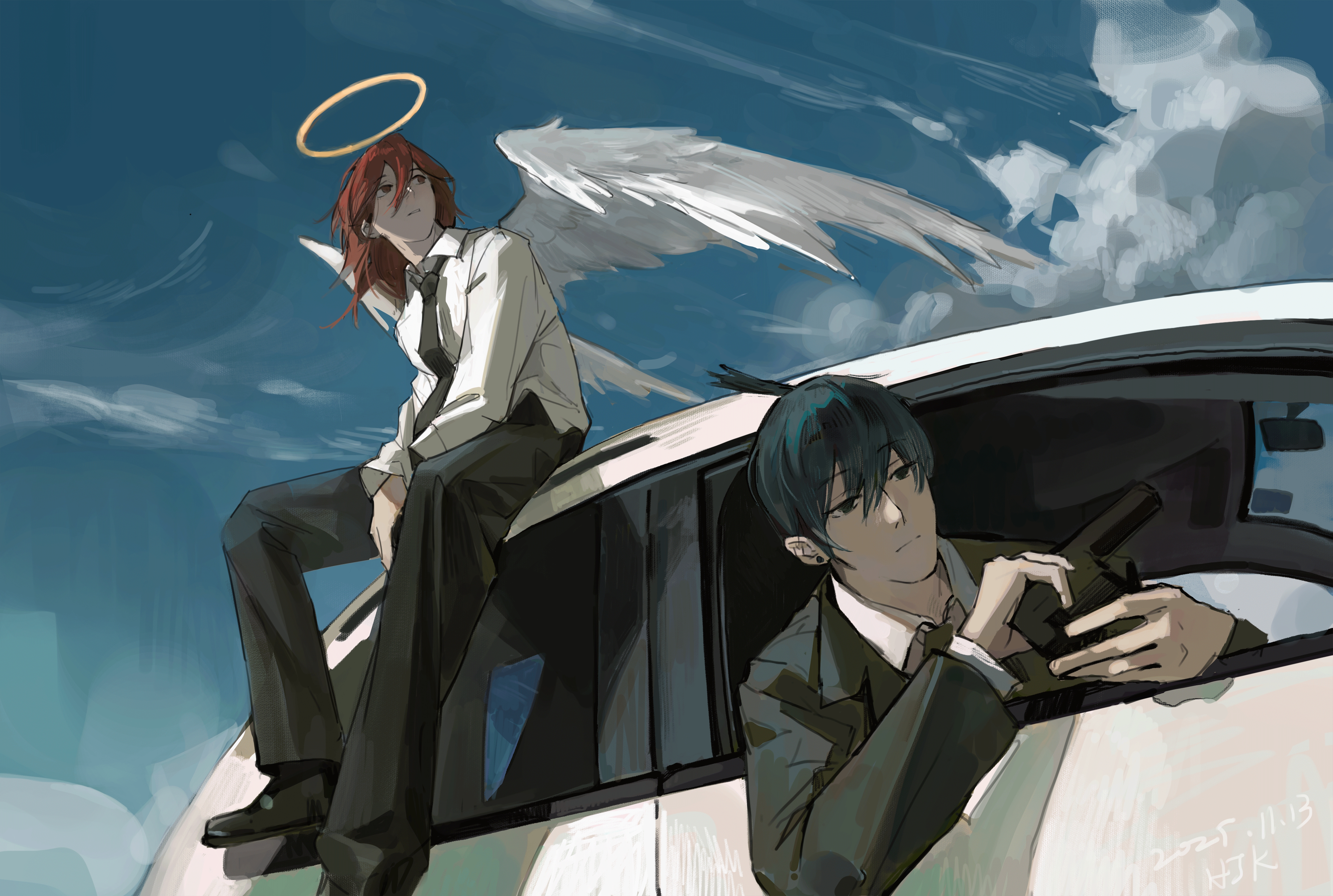 angel devil (chainsaw man), hayakawa aki, chainsaw man, absurdres, chinese commentary, commentary request, highres, photo-referenced, 2boys, angel, angel wings, black hair, black necktie, black pants, car, closed mouth, collared shirt, dated, earrings, formal clothes, hair between eyes, halo, jacket, jewelry, limit932, long hair, male focus, motor vehicle, multiple boys, necktie, on car, pants, shirt, short hair, sitting, sky, suit, suit jacket, topknot, traditional halo, white shirt, white wings, wings