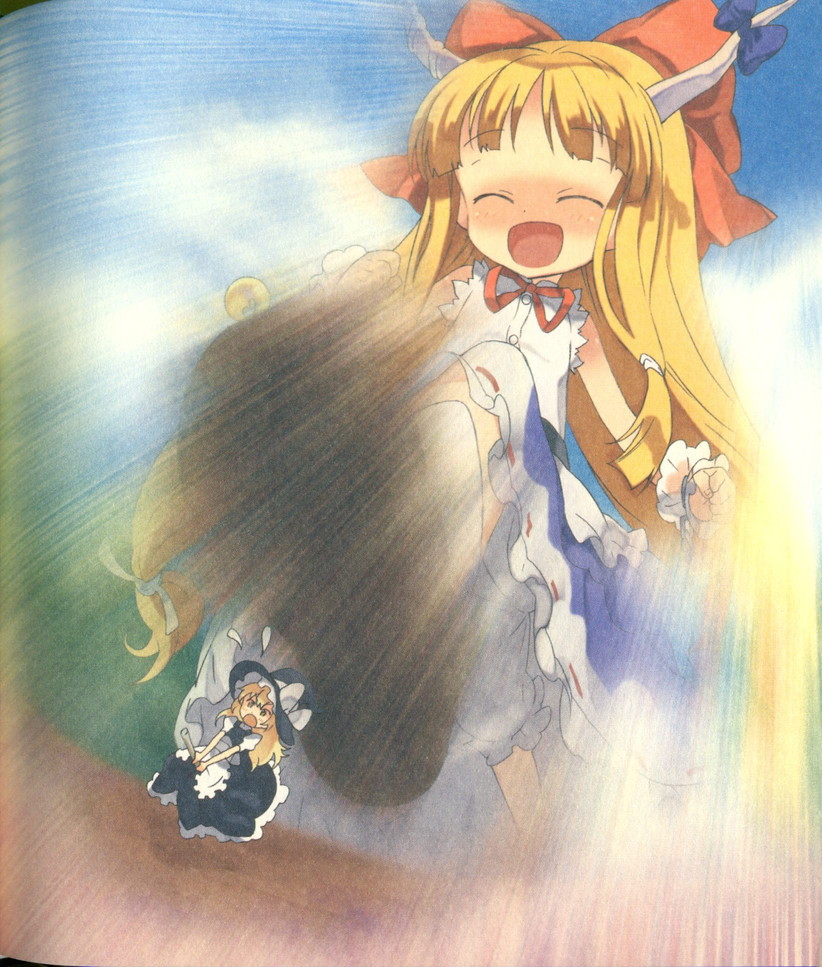 moriki takeshi, ibuki suika, kirisame marisa, touhou, scan, 2girls, blonde hair, bow, broom, broom riding, brown hair, closed eyes, female focus, flying sweatdrops, giant, giantess, gradient background, hair bow, hat, horns, imminent stomping, long hair, motion blur, multiple girls, open mouth, orange hair, outdoors, sky, witch, witch hat