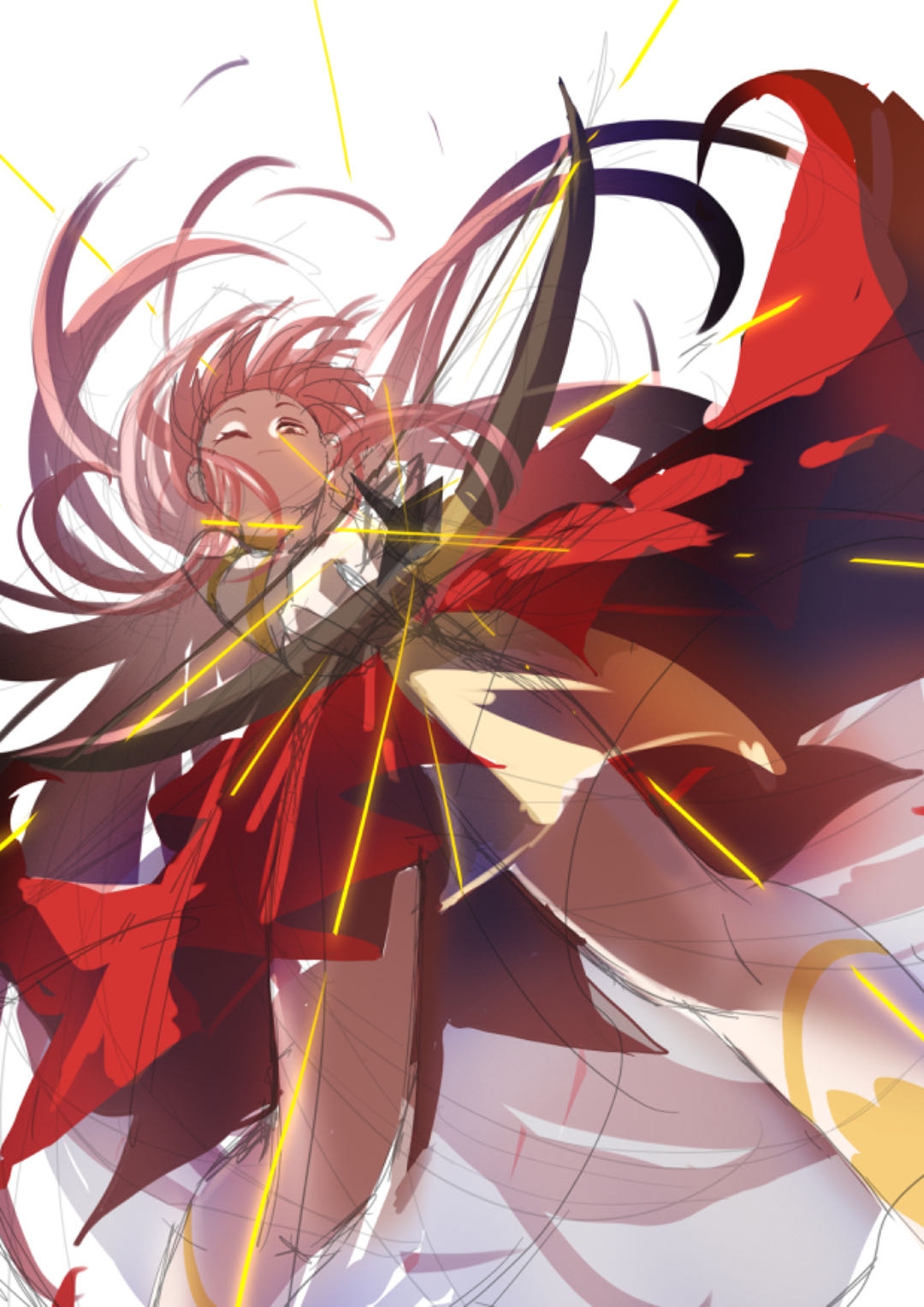 nikki (nikki), infinity nikki, nikki (series), gold armlet, commentary request, highres, 1girl, armlet, bare shoulders, boots, bow (weapon), bracelet, brown eyes, closed mouth, expressionless, eyelashes, feet out of frame, firing, floating clothes, floating hair, from below, gold bracelet, holding, holding bow (weapon), holding weapon, jewelry, knee boots, knees, long hair, looking at viewer, medium skirt, mingastrid, one eye closed, pink hair, pleated skirt, purifying wind (infinity nikki), red skirt, simple background, sketch, skirt, solo, very long hair, weapon, white background, white boots