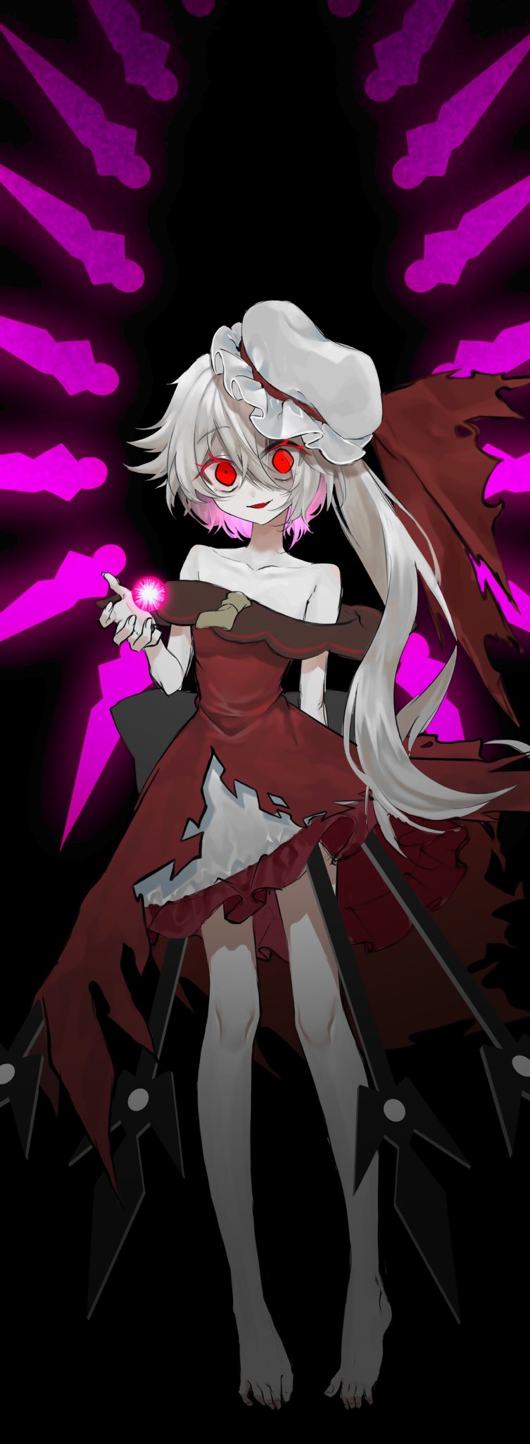 aorin oekaki, flandre scarlet, touhou, touhou gensou eclipse, commentary, hashtag-only commentary, highres, 1girl, alternate costume, barefoot, blonde hair, collarbone, crystal, crystal wings, dress, energy ball, glowing, glowing eyes, glowing wings, hat, hat ribbon, layered dress, looking at viewer, mob cap, off-shoulder dress, off shoulder, one side up, open mouth, polearm, red dress, red eyes, red ribbon, ribbon, smile, solo, spear, toes, weapon, white dress, white hat, wings