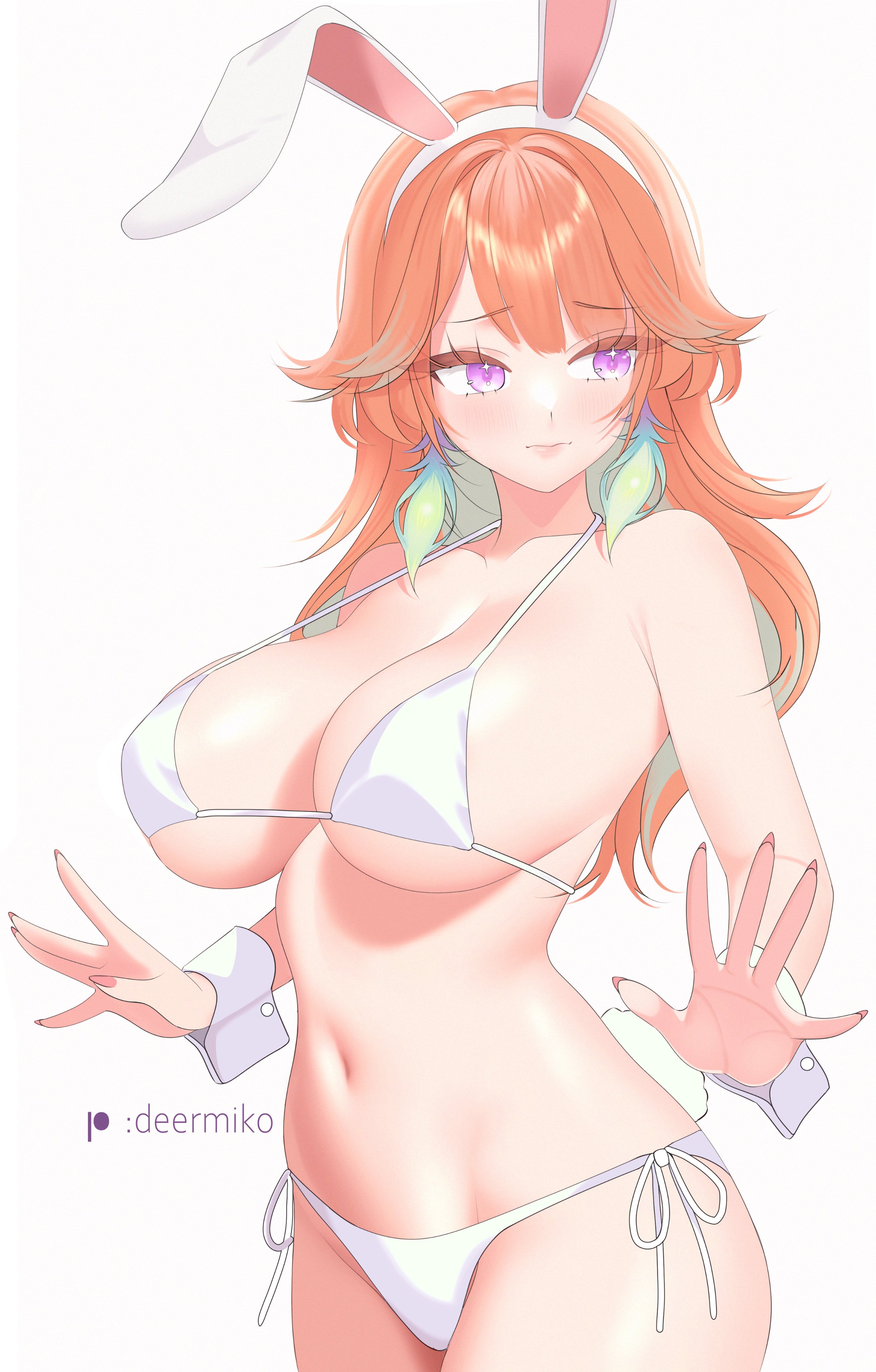 deermiko, takanashi kiara, hololive, hololive english, absurdres, commentary, english commentary, highres, 1girl, animal ear hairband, animal ears, averting eyes, bikini, breasts, cleavage, closed mouth, colored inner hair, fake animal ears, feathers, gradient hair, green feathers, green hair, hair flaps, hairband, halterneck, large breasts, long hair, multicolored hair, navel, orange hair, purple eyes, rabbit ear hairband, rabbit ears, side-tie bikini bottom, simple background, solo, stomach, string bikini, swimsuit, virtual youtuber, white background, white bikini, white wrist cuffs, wrist cuffs