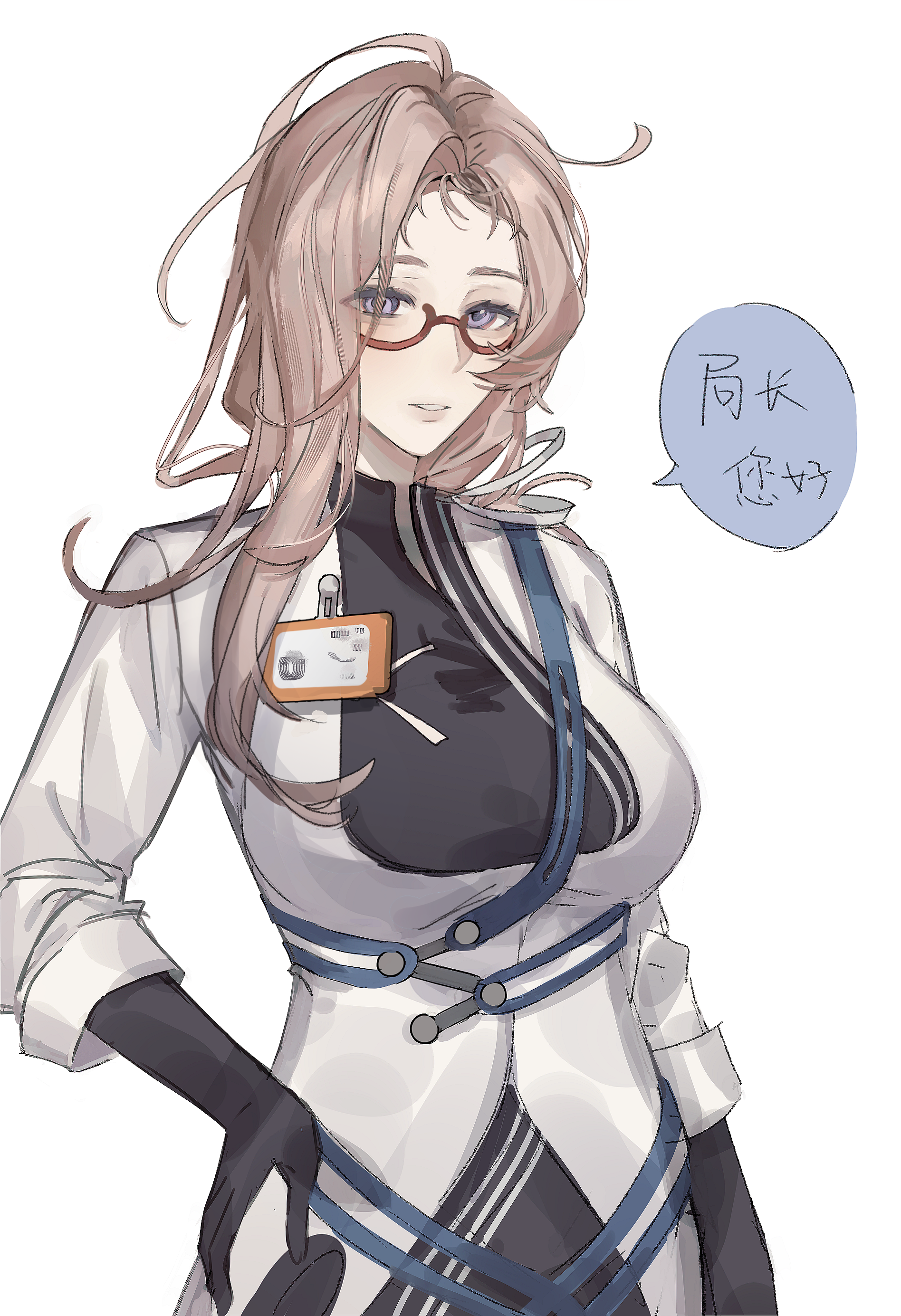 kuailemaoamaomao^o^, chameleon (path to nowhere), path to nowhere, absurdres, character request, check character, chinese commentary, commentary request, highres, 1girl, arm at side, black dress, black gloves, blue eyes, breasts, chinese text, curtained hair, dress, glasses, gloves, hand on own hip, id card, large breasts, long hair, long sleeves, looking at viewer, parted bangs, parted lips, red-framed eyewear, semi-rimless eyewear, simple background, solo, speech bubble, two-tone dress, under-rim eyewear, white background, white dress