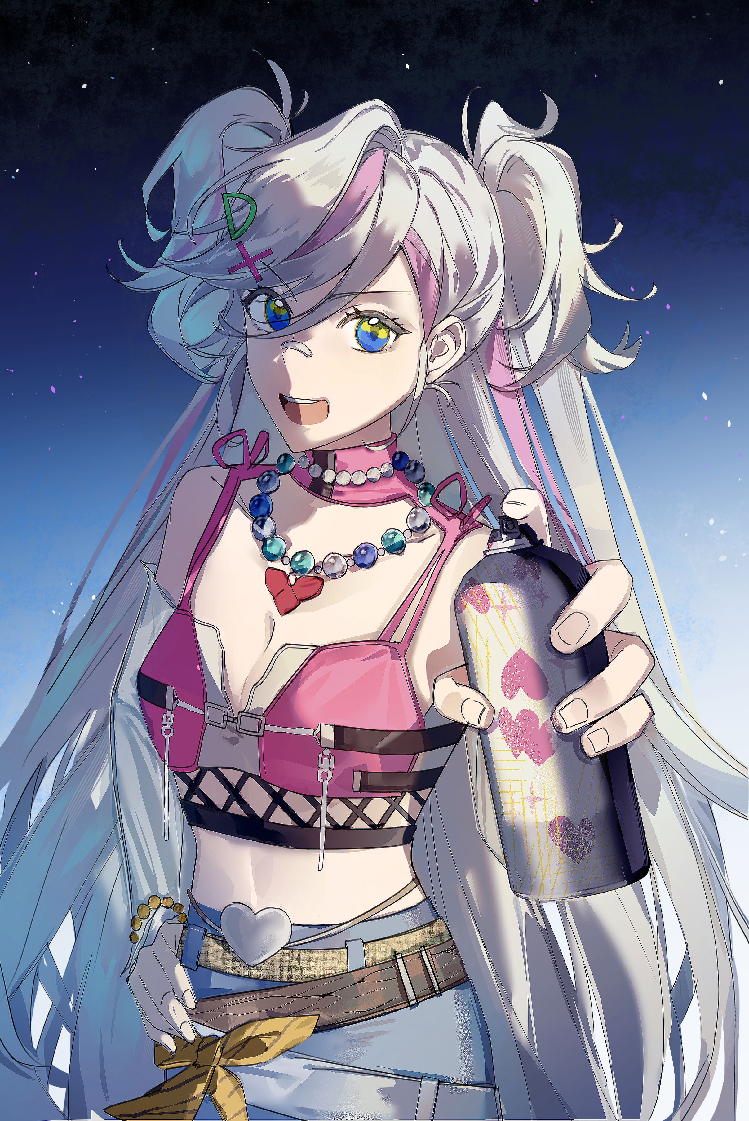 kuailemaoamaomao^o^, path to nowhere, absurdres, chinese commentary, commentary request, highres, 1girl, :d, bandaid, bandaid on face, bandaid on nose, bead bracelet, bead necklace, beads, belt, blue eyes, blue skirt, bow, bracelet, breasts, brown belt, camisole, cleavage, collarbone, crop top, fishnet top, fishnets, foreshortening, golan (path to nowhere), hair ornament, hand on own hip, heart, holding, holding spray can, jewelry, letter hair ornament, long hair, looking at viewer, medium breasts, midriff peek, multicolored eyes, multicolored hair, necklace, open mouth, pink camisole, pink streaks, skirt, smile, solo, spray can, streaked hair, swept bangs, two-tone eyes, two side up, very long hair, white hair, x hair ornament, yellow bow, yellow eyes