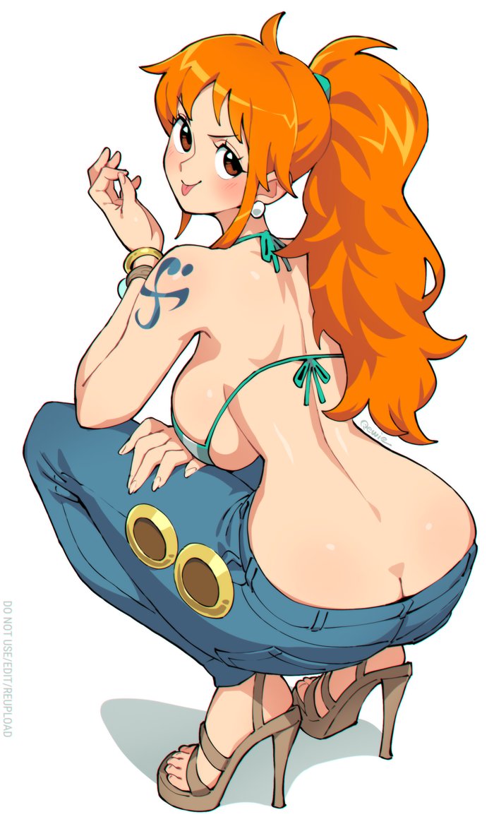 qewie, nami (one piece), one piece, commentary, 1girl, alternate hairstyle, ass, back, bikini, bikini top only, bracelet, breasts, brown eyes, butt crack, denim, earrings, from behind, full body, gold bracelet, green bikini, hand on own thigh, hand up, high heels, jeans, jewelry, large breasts, light blush, log pose, looking at viewer, looking back, money gesture, open-toe shoes, orange hair, pants, pearl earrings, ponytail, shoulder tattoo, sideboob, smile, solo, sphere earrings, squatting, swimsuit, tattoo, tongue, tongue out, underboob, v-shaped eyebrows