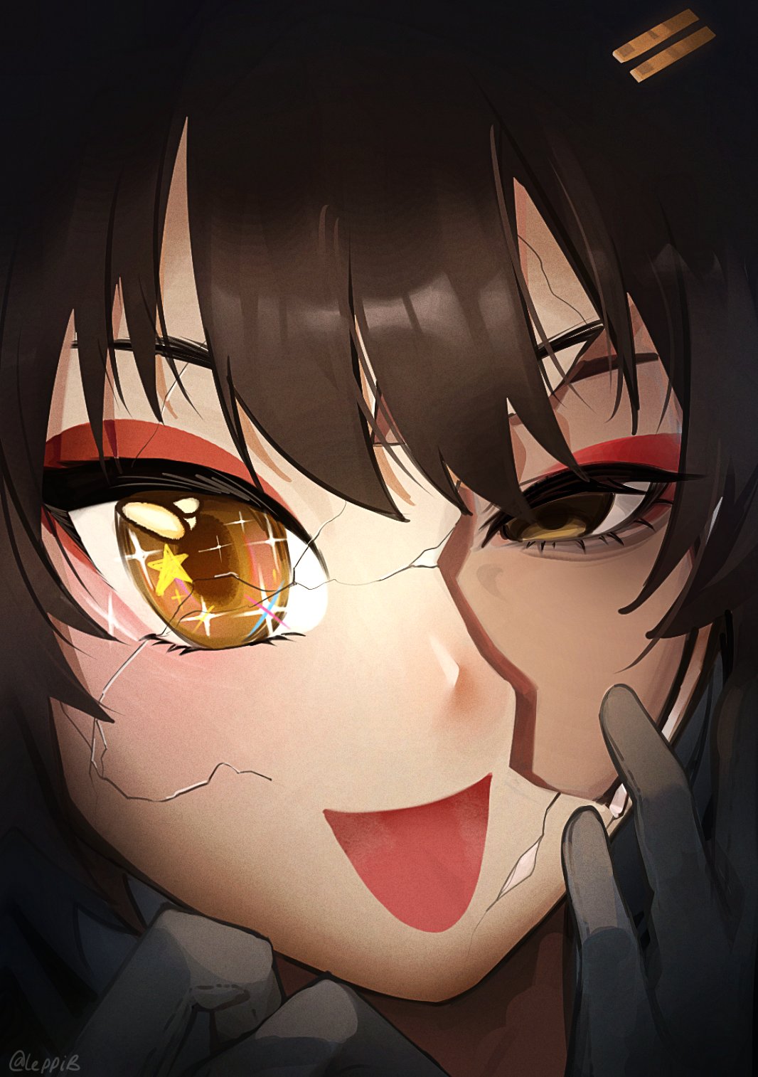 leppib, female rover (wuthering waves), rover (wuthering waves), wuthering waves, commentary, derivative work, highres, revision, symbol-only commentary, 1girl, bags under eyes, black gloves, black hair, broken mask, gloves, hand up, long hair, mask, portrait, solo, yellow eyes