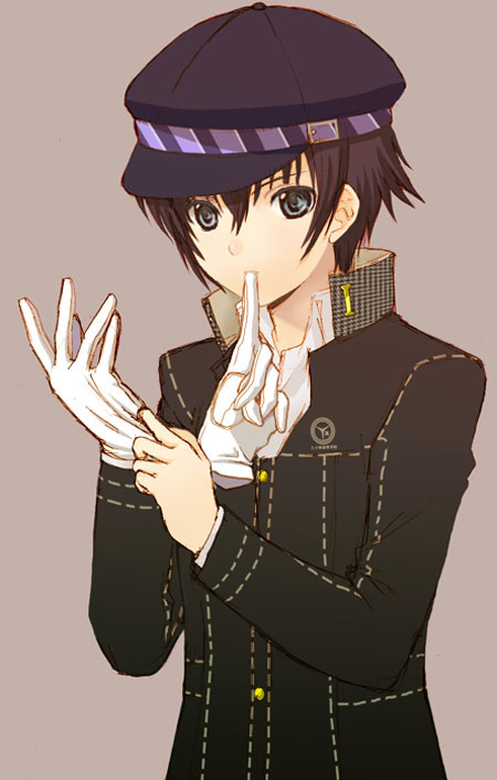 seiru (prairie), shirogane naoto, atlus, persona, persona 4, 1girl, androgynous, blue eyes, blue hair, female focus, gloves, hat, matching hair/eyes, mouth hold, newsboy cap, putting on gloves, reverse trap, school uniform, serafuku, short hair, solo