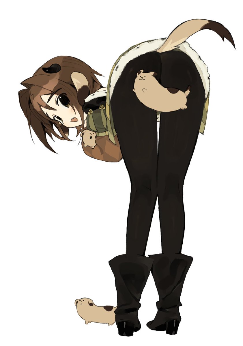 mota (motaberrie), motaberrie (vtuber), indie virtual youtuber, commentary, english commentary, 1girl, animal ears, ass, bent over, black boots, black pantyhose, boots, brown eyes, brown hair, censored, dog, dog ears, dog girl, dog tail, fang, from behind, full body, fur-trimmed jacket, fur trim, hair intakes, jacket, knees together feet apart, looking back, mole, mole on cheek, novelty censor, open mouth, pantyhose, solo, tail, thigh gap, virtual youtuber, white background