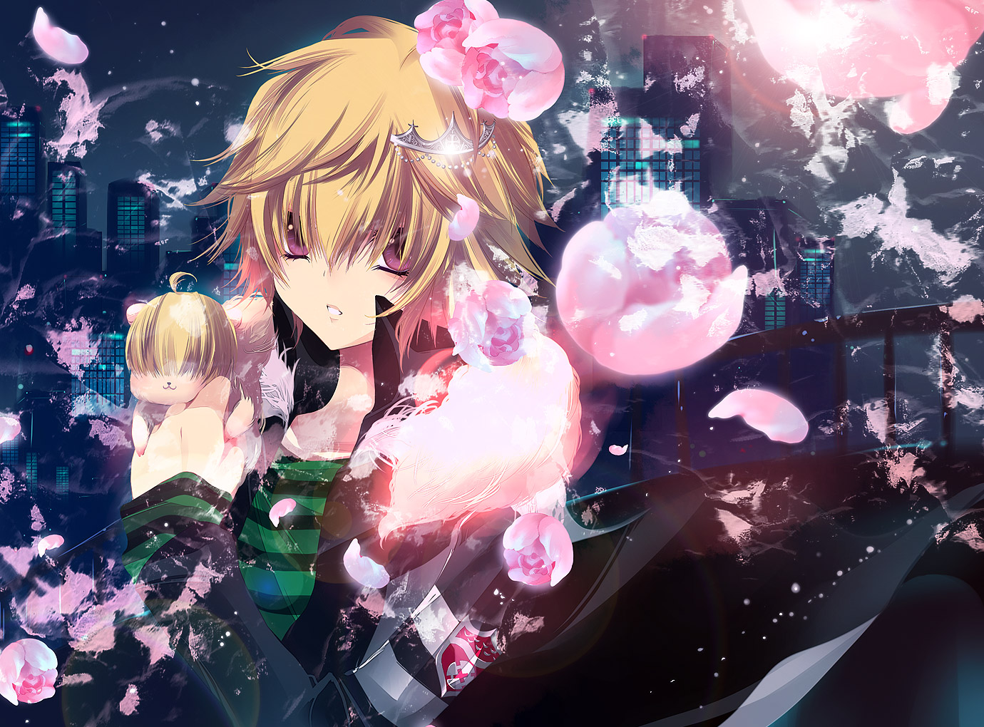 kyan (glira), kyan (pixiv), belphegor (reborn), katekyo hitman reborn!, bad id, bad pixiv id, 00s, 1boy, blonde hair, building, flower, male focus, petals, pink eyes, pink flower, pink rose, rose, rose petals, shirt, short hair, solo, striped clothes, striped shirt