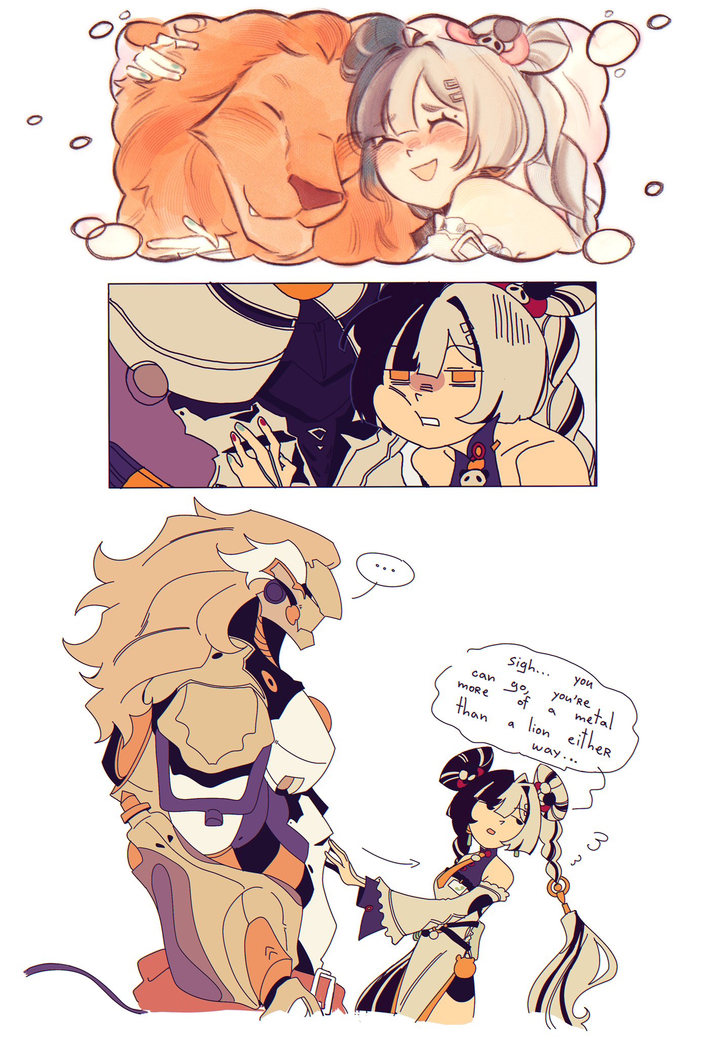 banyue (zenless zone zero), dialyn (zenless zone zero), zenless zone zero, hashtag-only commentary, highres, …, 1boy, 1girl, aqua nails, arrow (symbol), bare shoulders, black hair, blush, braid, braided twintails, china dress, chinese clothes, closed eyes, clothed robot, clothes around waist, detached sleeves, double bun, dreaming, dress, earrings, english text, from side, grey hair, hair bun, hair extensions, hair ornament, hairclip, hand on another's chest, hug, humanoid robot, jewelry, lion, long hair, mechanical hands, metal skin, multicolored hair, multicolored nails, necktie, open mouth, panda hair ornament, papertrlck, red nails, ring hair extensions, robot, robot boy, simple background, speech bubble, split-color hair, spoken ellipsis, white background, white dress, white hair, yellow eyes, yellow necktie