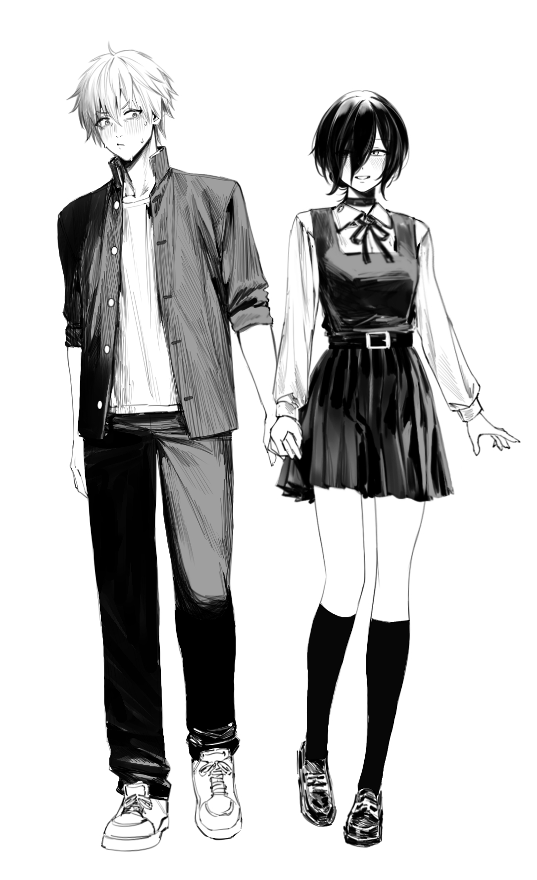 madiix012, denji (chainsaw man), reze (chainsaw man), chainsaw man, commentary, highres, symbol-only commentary, 1boy, 1girl, black pants, buttons, choker, collared shirt, fourth east high school uniform, grenade pin, hair between eyes, hair bun, hair over one eye, long hair between eyes, medium hair, pants, school uniform, sharp teeth, shirt, shirt tucked in, single hair bun, standing, teeth, white shirt, wing collar