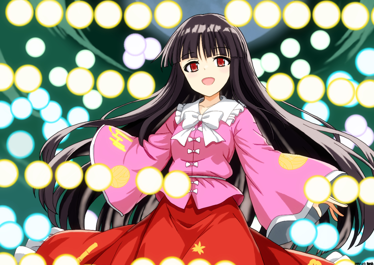 mist9801km, houraisan kaguya, touhou, commentary request, 1girl, bamboo print, bow, bowtie, breasts, brown hair, collared shirt, danmaku, frilled shirt collar, frills, long hair, long sleeves, looking at viewer, open mouth, pink shirt, print skirt, red eyes, shirt, skirt, smile, solo, very long hair, white bow, white bowtie, wide sleeves