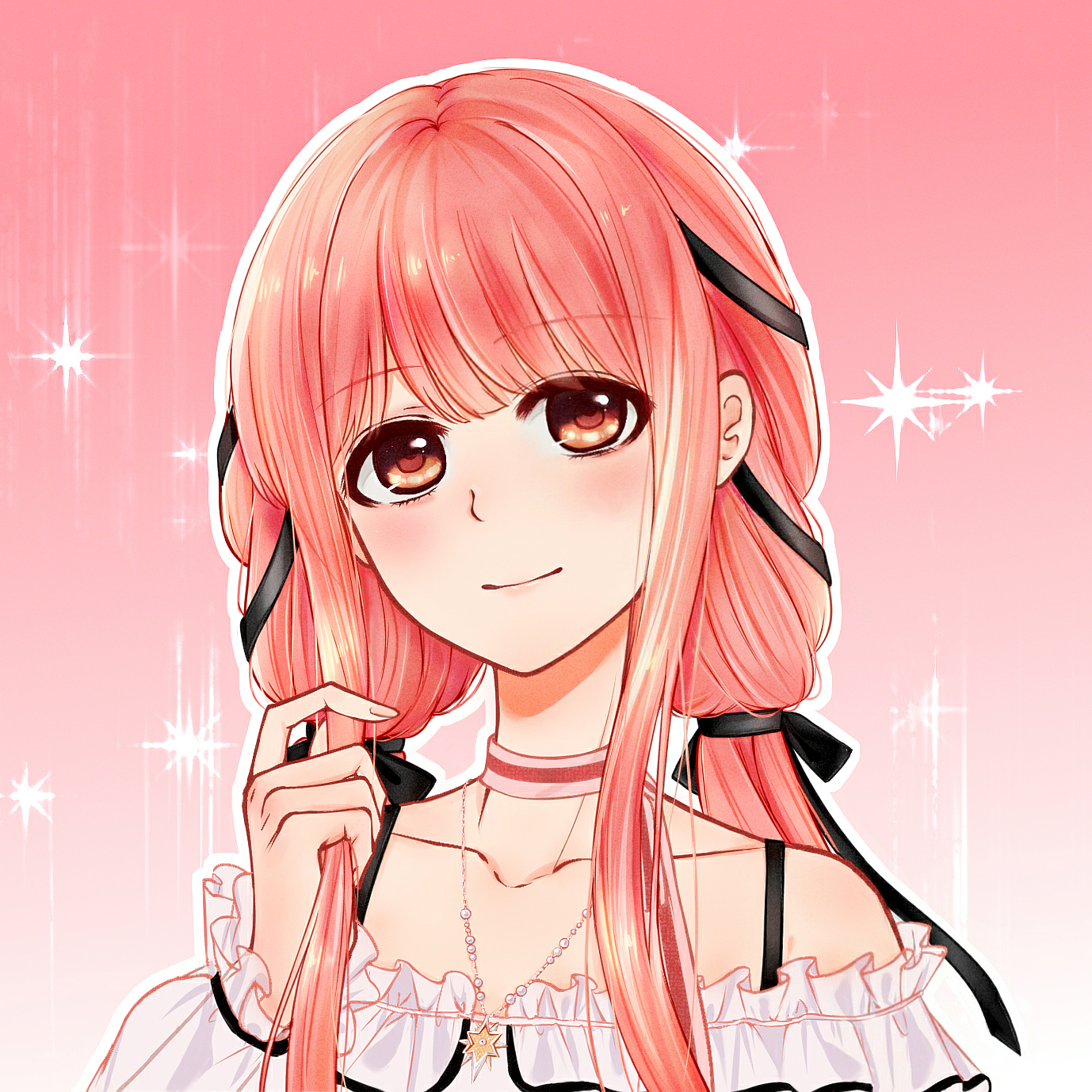 nikki (nikki), perfect start (infinity nikki), infinity nikki, nikki (series), chinese commentary, commentary request, highres, textless version, variant set, 1girl, bare shoulders, bead necklace, beads, black ribbon, blunt bangs, bow, bow choker, bowtie, bra strap, brown eyes, choker, closed mouth, collarbone, fingernails, frilled shirt, frilled sleeves, frills, gradient background, hair ribbon, happy, heart, hexagram, holding, holding own hair, jewelry, light blush, lips, long hair, long sidelocks, long sleeves, looking at viewer, low twintails, naichayinyinyinzi, necklace, off-shoulder shirt, off shoulder, outline, pink background, pink bow, pink bowtie, pink choker, pink hair, puffy long sleeves, puffy sleeves, ribbon, shirt, sidelocks, single stripe, smile, solo, sparkle, star (symbol), star necklace, striped bow, striped bowtie, striped choker, striped clothes, tress ribbon, twintails, upper body, white outline, white shirt