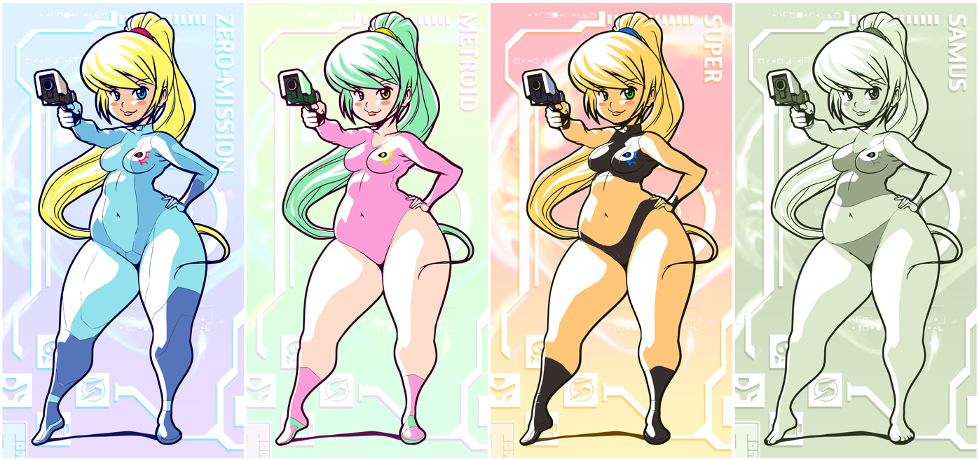 jmanvelez, justin bailey, samus aran, metroid, metroid: zero mission, metroid 2: return of samus, metroid 2 return of samus, nintendo, super metroid, 1girl, barefoot, boots, chibi, curvy, green hair, gun, multiple persona, navel, plump, ponytail, thick thighs, thighs, weapon, zero suit