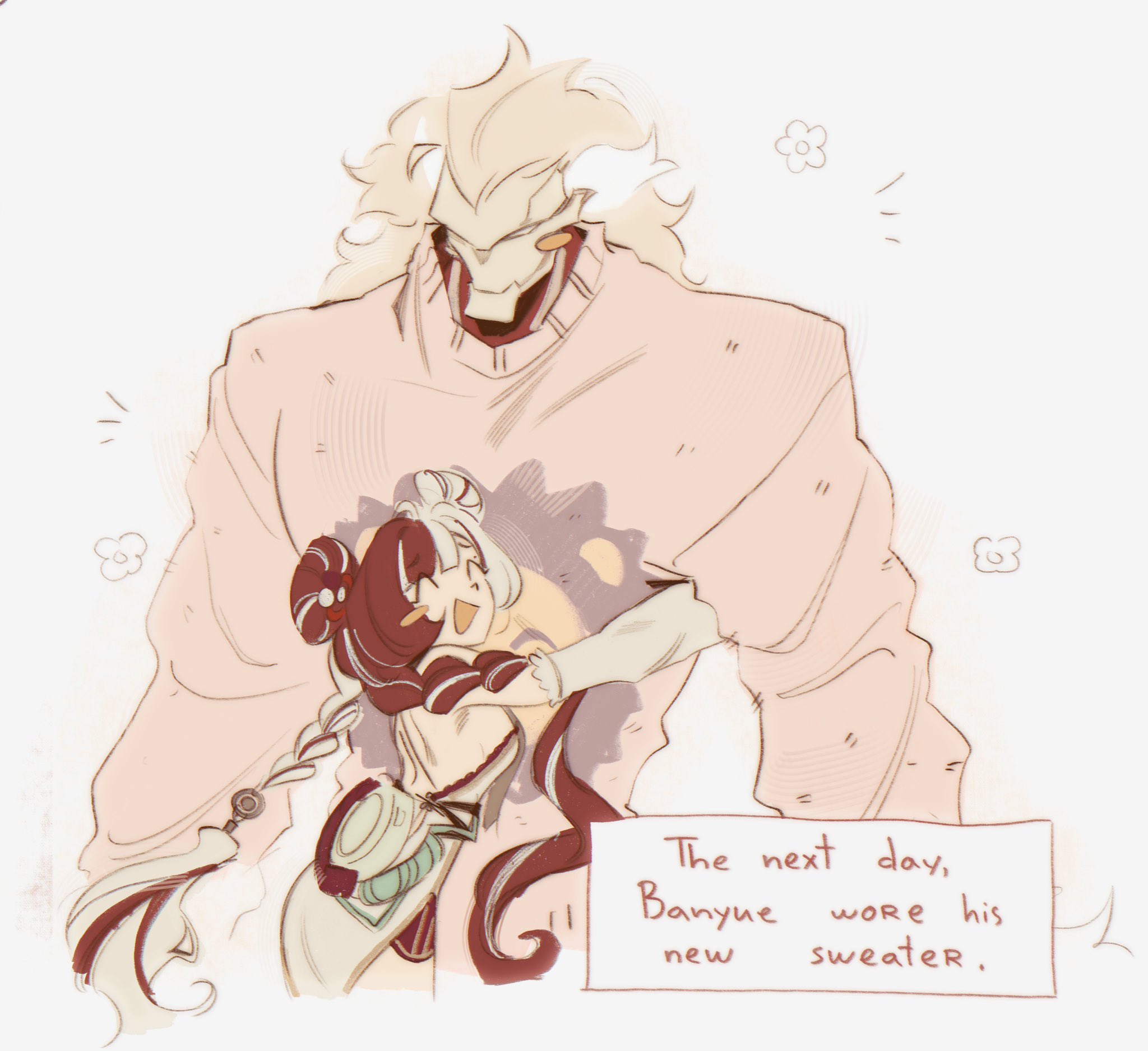 banyue (zenless zone zero), dialyn (zenless zone zero), zenless zone zero, hashtag-only commentary, highres, 1boy, 1girl, alternate costume, antique phone, bare shoulders, black hair, blush, braid, braided twintails, cable, china dress, chinese clothes, closed eyes, clothed robot, detached sleeves, double bun, dress, english text, floral print, grey background, grey hair, hair bun, hair extensions, hair ornament, hairclip, hug, humanoid robot, long hair, mechanical hands, metal skin, multicolored hair, multicolored nails, notice lines, open mouth, papertrlck, phone, pink sweater, ring hair extensions, robot, robot boy, rotary phone, simple background, split-color hair, sweater, white dress, white hair