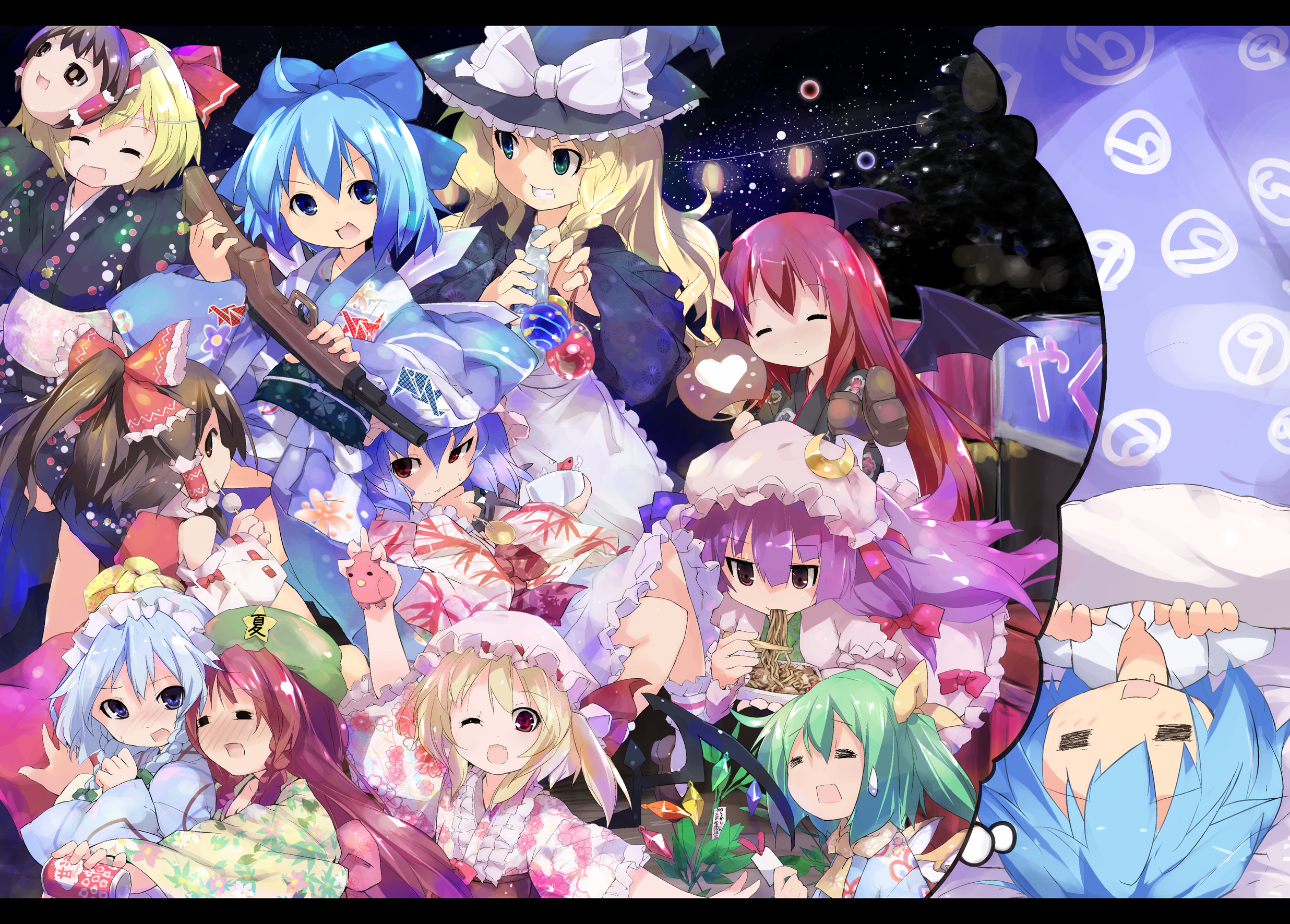 kuroba u, cirno, daiyousei, flandre scarlet, hakurei reimu, hong meiling, izayoi sakuya, kirisame marisa, koakuma, patchouli knowledge, remilia scarlet, rumia, embodiment of scarlet devil, touhou, silver hair, highres, 6+girls, = =, ahoge, alcohol, beer, blanket, blonde hair, blue eyes, blue hair, blush, bored, bow, braid, brown eyes, character mask, chopsticks, circled 9, crescent, dango, dreaming, drooling, drunk, eating, everyone, fang, festival, fish, floating, floral print, food, goldfish, green eyes, green hair, grin, gun, hair bow, hair ribbon, hand fan, hand up, happy, hat, head wings, heart, holding, holding tanzaku, japanese clothes, kimono, lantern, loafers, long hair, looking back, maid headdress, mask, multiple girls, night, night sky, noodles, obi, one eye closed, open mouth, paper fan, pink eyes, ponytail, purple hair, ramen, ramune, red eyes, red hair, ribbon, rifle, sash, shoes, short hair, side ponytail, sky, sleeping, smile, speech bubble, sweatdrop, tanzaku, thought bubble, twin braids, uchiwa, wagashi, weapon, wings, wink, yukata, yukkuri shiteitte ne