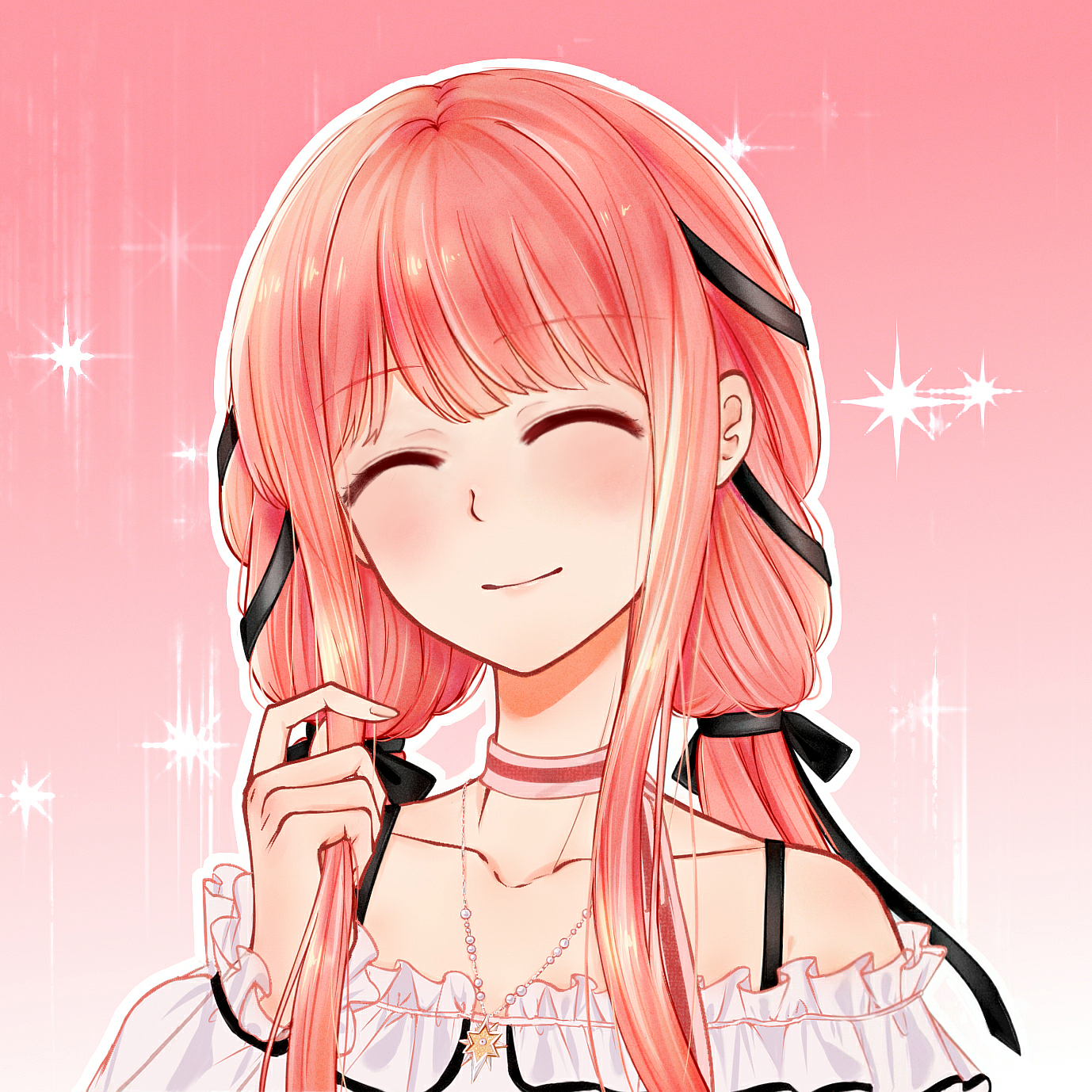 nikki (nikki), perfect start (infinity nikki), infinity nikki, nikki (series), chinese commentary, commentary request, highres, textless version, variant set, 1girl, ^ ^, bare shoulders, bead necklace, beads, black ribbon, blunt bangs, bow, bow choker, bowtie, bra strap, choker, closed eyes, closed mouth, collarbone, fingernails, frilled shirt, frilled sleeves, frills, gradient background, hair ribbon, happy, heart, hexagram, holding, holding own hair, jewelry, light blush, lips, long hair, long sidelocks, long sleeves, low twintails, naichayinyinyinzi, necklace, off-shoulder shirt, off shoulder, outline, pink background, pink bow, pink bowtie, pink choker, pink hair, puffy long sleeves, puffy sleeves, ribbon, shirt, sidelocks, single stripe, smile, solo, sparkle, star (symbol), star necklace, striped bow, striped bowtie, striped choker, striped clothes, tress ribbon, twintails, upper body, white outline, white shirt