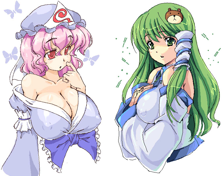 lute (apocalypselibrary), kochiya sanae, saigyouji yuyuko, touhou, bad id, bad pixiv id, 2girls, bare shoulders, blush, body blush, bow, breasts, cleavage, collarbone, covered erect nipples, detached sleeves, female focus, green eyes, green hair, hair ornament, hair tubes, hands on own chest, hat, huge breasts, japanese clothes, kimono, large breasts, long hair, multiple girls, no bra, off shoulder, pink hair, puffy nipples, red eyes, shiny skin, simple background, straight hair, triangular headpiece, upper body, wavy hair, white background, wide sleeves