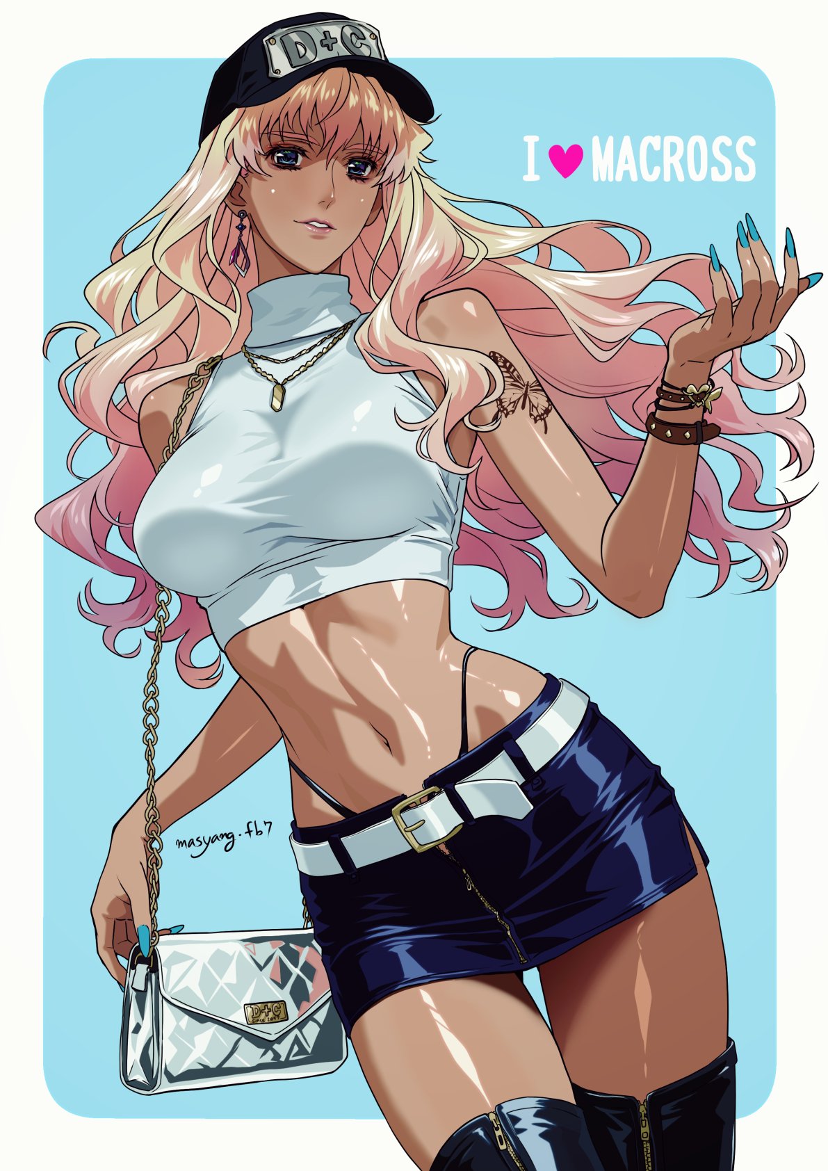 ryu (masu nantoka-san), sheryl nome, macross, macross frontier, commentary request, highres, 1girl, alternate costume, arm tattoo, bag, bare shoulders, baseball cap, belt, belt buckle, black boots, black hat, blonde hair, blue background, blue eyes, blue nails, blue skirt, boots, border, bracelet, breasts, buckle, butterfly tattoo, copyright name, cowboy shot, crop top, cropped shirt, dark-skinned female, dark skin, earrings, english text, gluteal fold, gradient hair, hat, heart, heart bracelet, highleg, highleg panties, jewelry, large breasts, lipgloss, long hair, looking at viewer, midriff, miniskirt, multicolored hair, nail polish, navel, necklace, outside border, panties, parted lips, pink hair, pink lips, shiny clothes, shirt, shoulder bag, single earring, skirt, sleeveless, sleeveless shirt, solo, tan, tattoo, thigh boots, thigh gap, turtleneck, turtleneck shirt, twitter username, two-tone hair, underwear, wavy hair, white belt, white border, white shirt