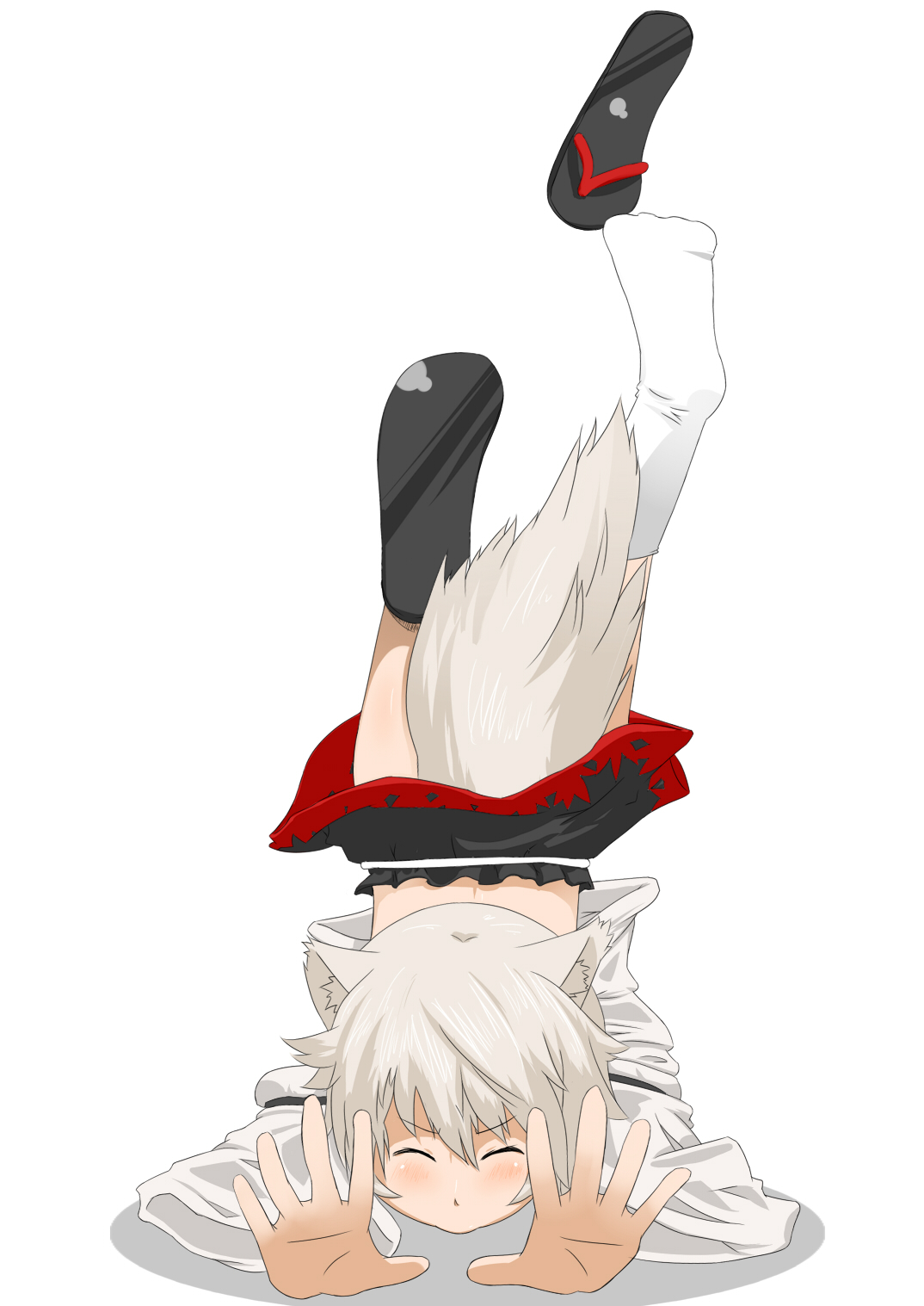 wk (low-f), inubashiri momiji, touhou, silver hair, bad id, bad pixiv id, highres, 1girl, animal ears, closed eyes, faceplant, female focus, geta, no panties, sandals, shoe loss, shoes, short hair, single shoe, socks, solo, tail, tripping, unworn shoes, wolf ears, wolf tail