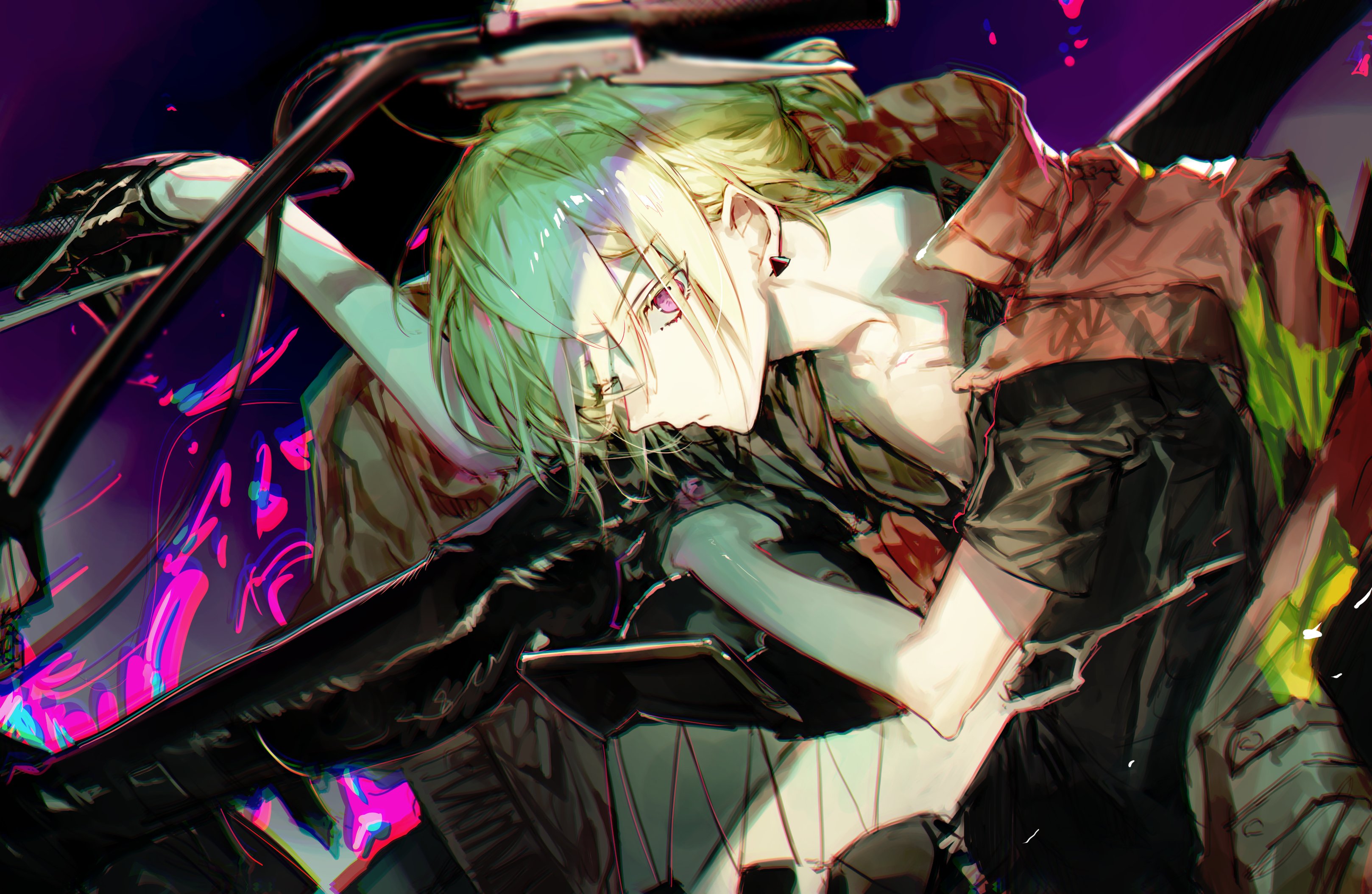 kkuekkue (chifer1958), lio fotia, promare, absurdres, commentary request, highres, korean commentary, 1boy, androgynous, bishounen, black boots, black gloves, black pants, black shirt, boots, brown coat, car, car interior, closed mouth, coat, coat on shoulders, collarbone, earrings, gloves, green hair, hair over one eye, half gloves, jewelry, looking at viewer, male focus, motor vehicle, motorcycle, pants, ponytail, purple eyes, shirt, short hair, short ponytail, short sleeves, sitting, solo, steering wheel