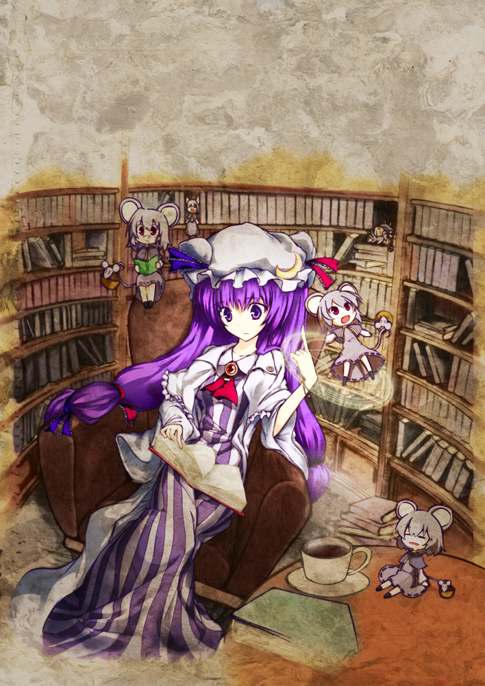 yuuki. (limit), nazrin, patchouli knowledge, touhou, 5girls, 6+girls, animal ears, bespectacled, book, bookshelf, crescent, cup, dress, female focus, glasses, grey eyes, grey theme, hair ribbon, hat, indoors, library, long hair, magic circle, mouse (animal), mouse ears, mouse tail, multiple girls, open book, purple eyes, purple hair, reading, ribbon, sitting, tail, teacup, voile