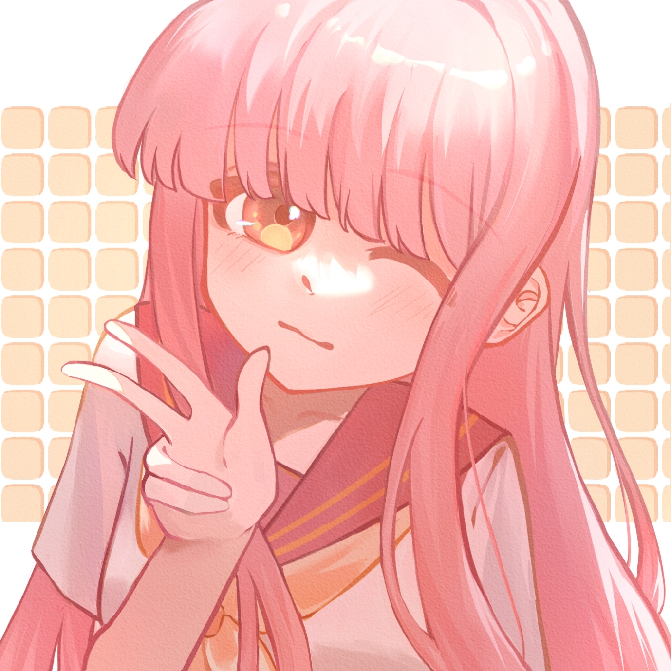 nikki (nikki), nikki (series), chinese commentary, commentary request, highres, 1girl, brown eyes, closed mouth, collarbone, dot nose, grid background, happy, light blush, long hair, long sidelocks, looking at viewer, naichayinyinyinzi, neckerchief, one eye closed, pink hair, red sailor collar, sailor collar, school uniform, serafuku, shirt, short sleeves, sidelocks, smile, solo, two-tone background, upper body, v, very long hair, wavy hair, white background, white shirt, yellow background, yellow neckerchief