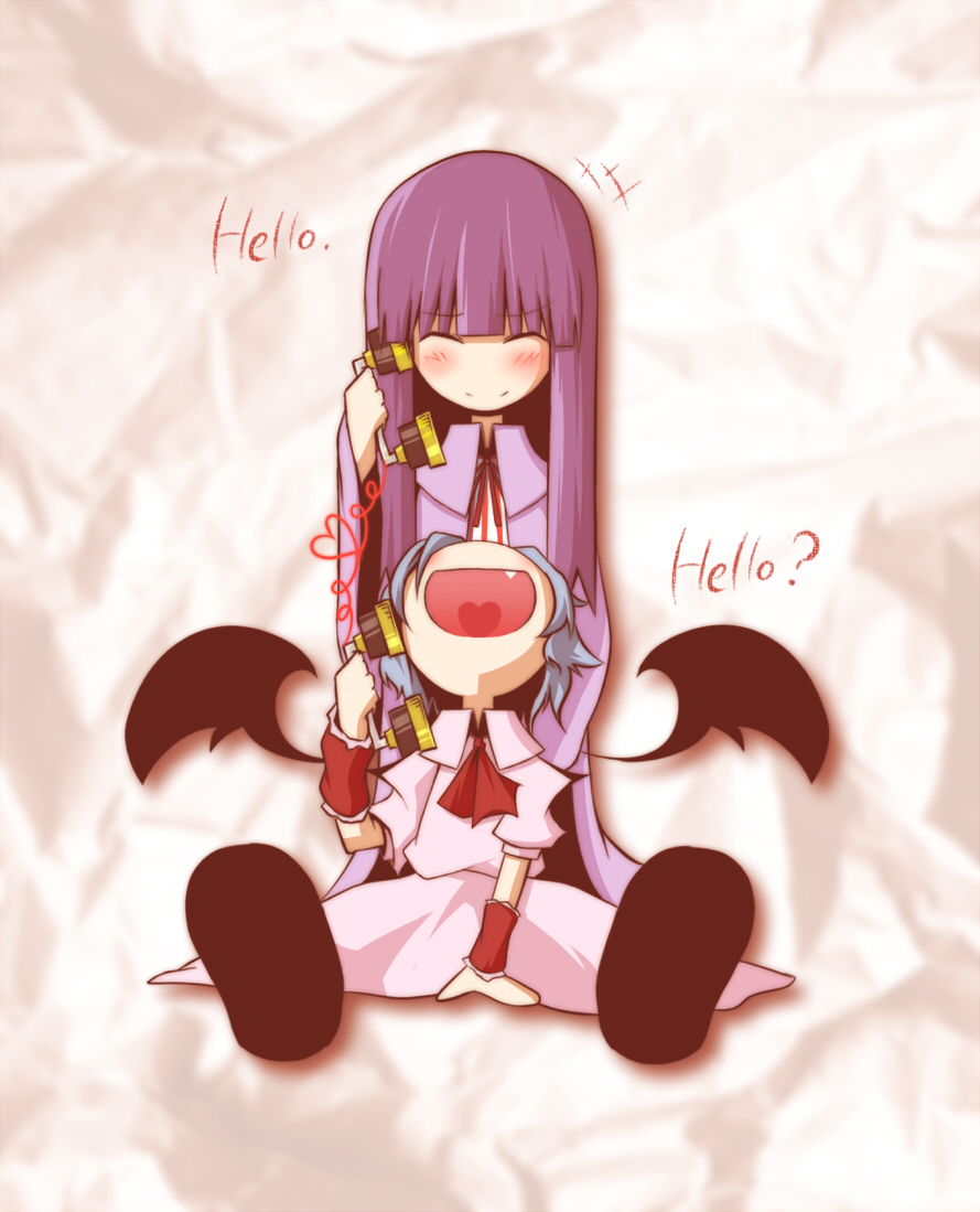 konohana saku, patchouli knowledge, remilia scarlet, embodiment of scarlet devil, touhou, bad id, bad pixiv id, 2girls, blue eyes, blush, closed eyes, corded phone, fang, female focus, friends, heart, heart of string, looking up, multiple girls, phone, purple hair, wings