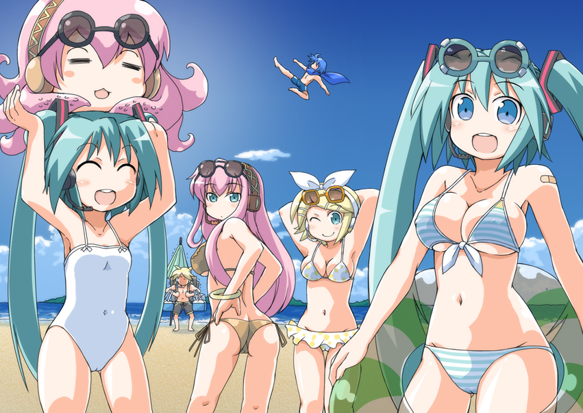 naitou kouse, chibi miku, hatsune miku, kagamine len, kagamine rin, kaito (vocaloid), megurine luka, takoluka, project diva, project diva (series), vocaloid, 2boys, 4girls, :3, :d, :o, = =, ^ ^, aqua hair, arms up, ass, bandaid, beach, bikini, blush, blush stickers, breasts, cameltoe, cleavage, closed eyes, cloud, day, dual persona, flat chest, flying kick, goggles, innertube, kicking, large breasts, looking back, multiple boys, multiple girls, ocean, one-piece swimsuit, one eye closed, open mouth, outdoors, side-tie bikini bottom, sideboob, sky, smile, striped bikini, striped clothes, sunglasses, swim ring, swimsuit, time paradox, twintails, umbrella, underboob, water, wink
