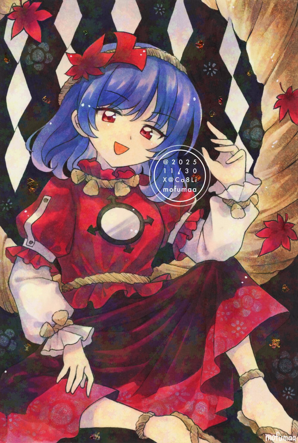 maa (forsythia1729), yasaka kanako, touhou, commentary, highres, traditional media, 1girl, artist name, dated, layered sleeves, leaf, long sleeves, mirror, open mouth, purple hair, red eyes, red shirt, red skirt, rope, sandals, shide, shimenawa, shirt, short over long sleeves, short sleeves, skirt, smile, solo, twitter username, watermark