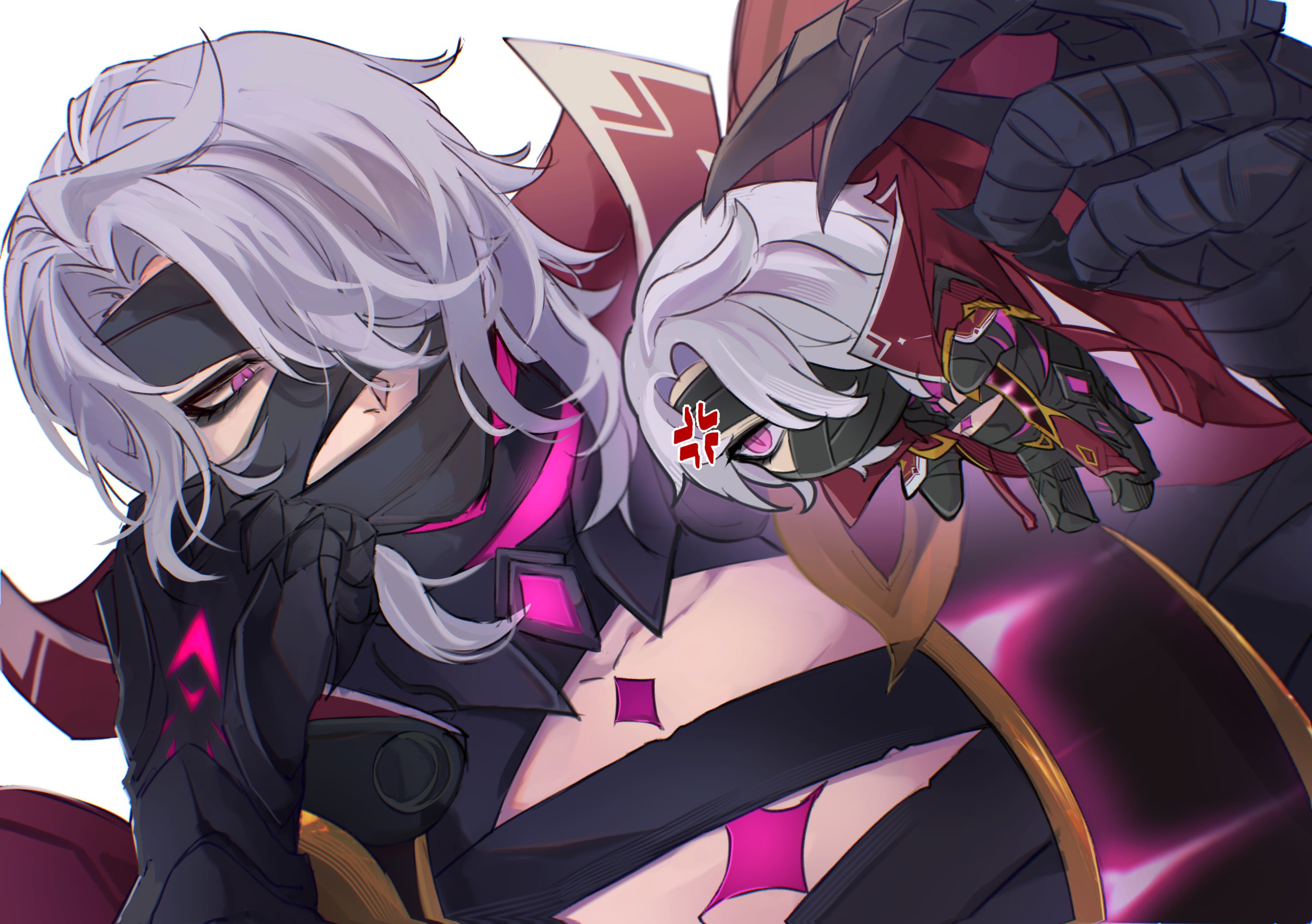 kapp a24, rerir (genshin impact), genshin impact, commentary request, highres, 1boy, angry, black bandages, cape, chibi, claws, hand on own cheek, hand on own face, looking at another, no mouth, pink eyes, red cape, sparkle, white hair