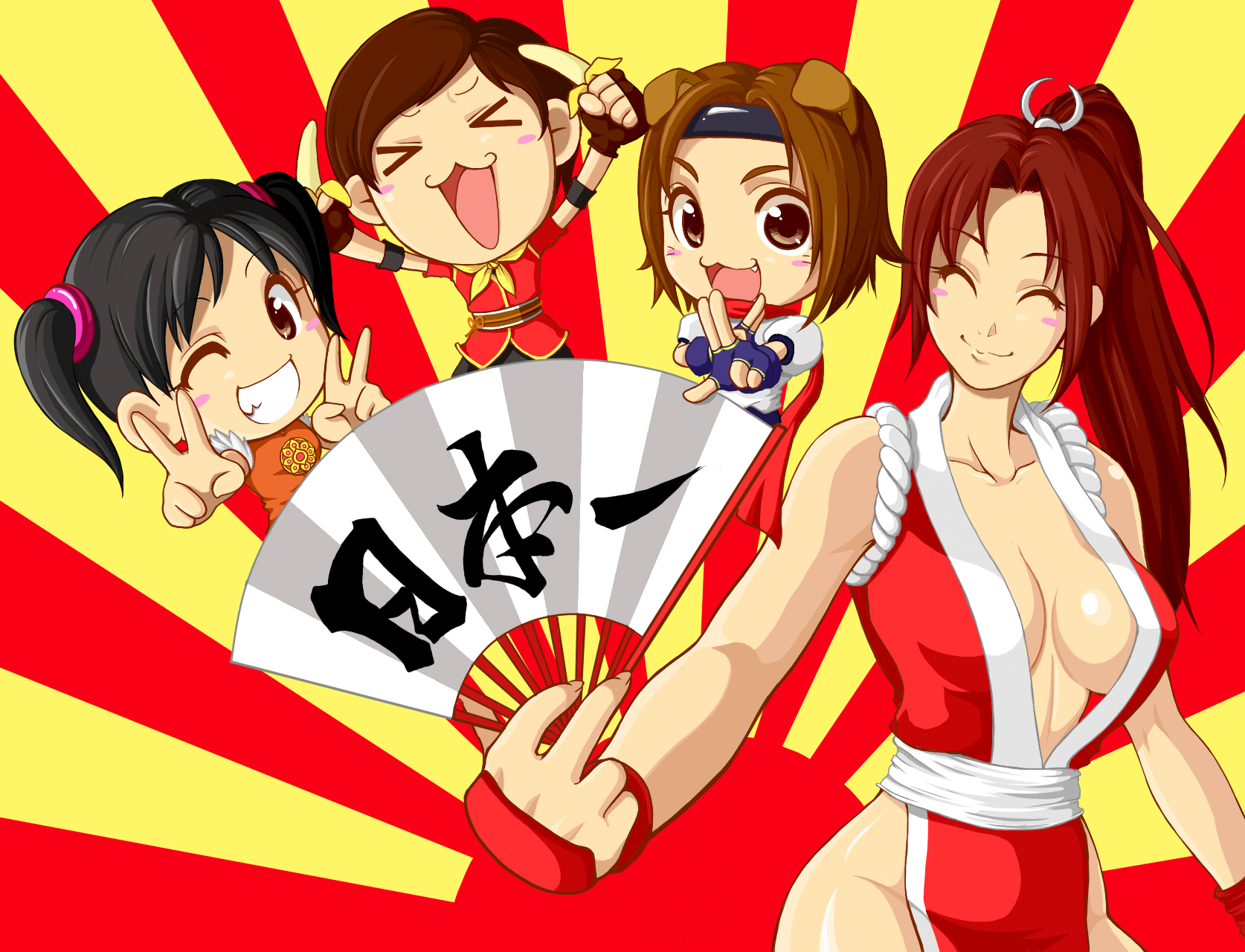bcg, pleasure-treasure, eileen, konoha (arcana heart), ling xiaoyu, shiranui mai, aq interactive, arcana heart, atlus, examu, fatal fury, namco, sega, snk, tekken, the king of fighters, virtua fighter, virtua fighter 5, highres, translated, > <, > <, 4girls, :3, banana, blush stickers, breasts, brown hair, chibi, cleavage, closed eyes, crossover, fang, folding fan, food, fruit, hand fan, large breasts, multiple girls, one eye closed, orange shirt, pelvic curtain, ponytail, rising sun flag, shirt, sunburst, wink, x3