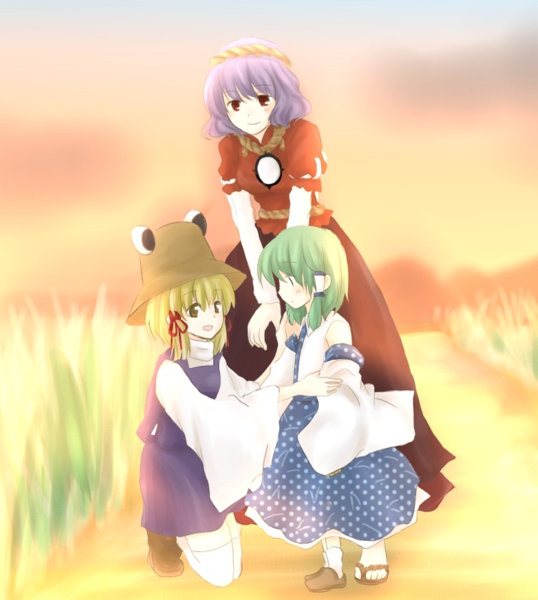 sumochi, kochiya sanae, moriya suwako, yasaka kanako, touhou, 3girls, blonde hair, breasts, detached sleeves, female focus, green hair, hat, kneeling, multiple girls, nature, outdoors, plant, purple hair, red eyes, short hair, skirt, sky, thighhighs, yellow eyes