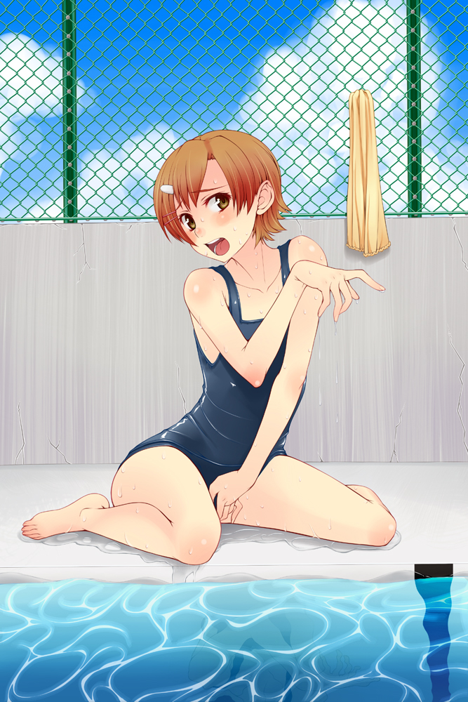 inu1tou, mako-chan (minami-ke), makoto (minami-ke), minami-ke, 00s, 1boy, barefoot, blush, brown hair, cloud, crossdressing, crossdressing (mtf), feet, hair ornament, hairclip, male focus, one-piece swimsuit, open mouth, outdoors, reflection, school swimsuit, short hair, shota, sitting, sky, solo, swimsuit, trap, water, wet